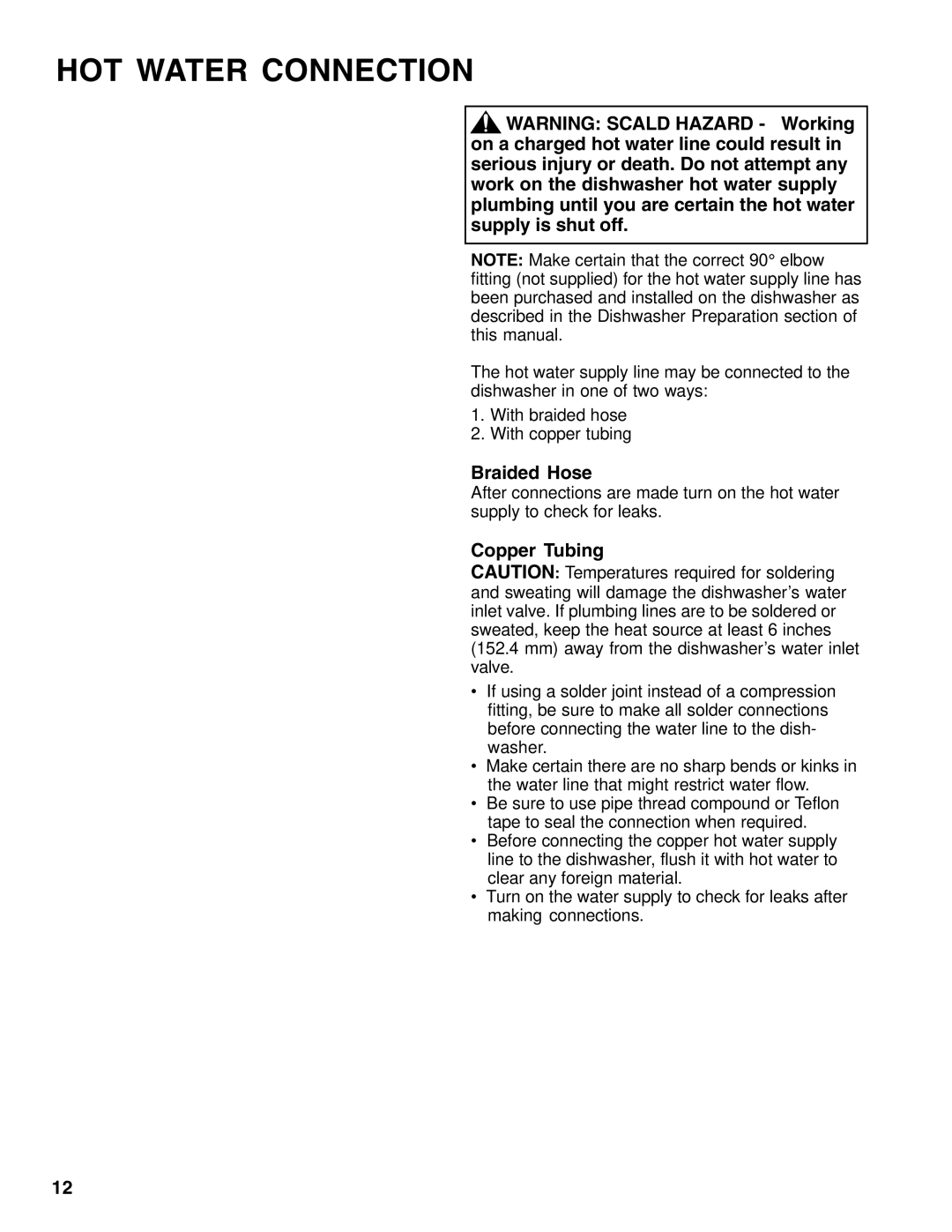 Thermador 9000039271 installation instructions HOT Water Connection, Braided Hose, Copper Tubing 