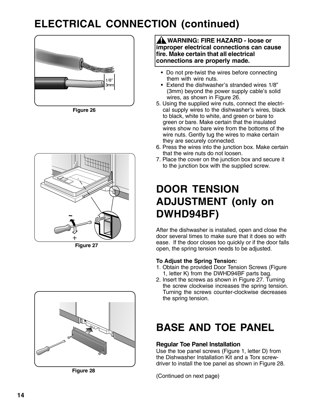 Thermador 9000039271 Electrical Connection, Door Tension Adjustment only on DWHD94BF, Base and TOE Panel 