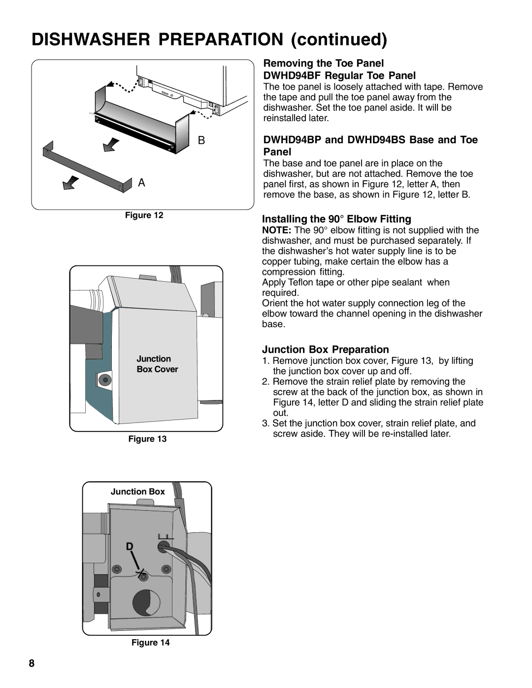 Thermador 9000039271 Dishwasher Preparation, Removing the Toe Panel DWHD94BF Regular Toe Panel, Junction Box Preparation 