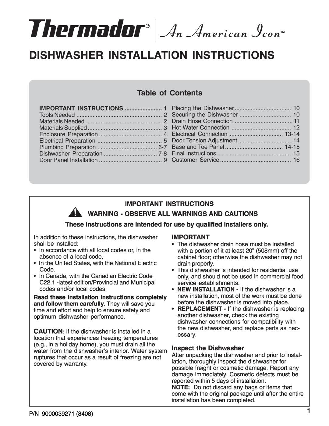 Thermador 9000039271 installation instructions Dishwasher Installation Instructions, Important Instructions 