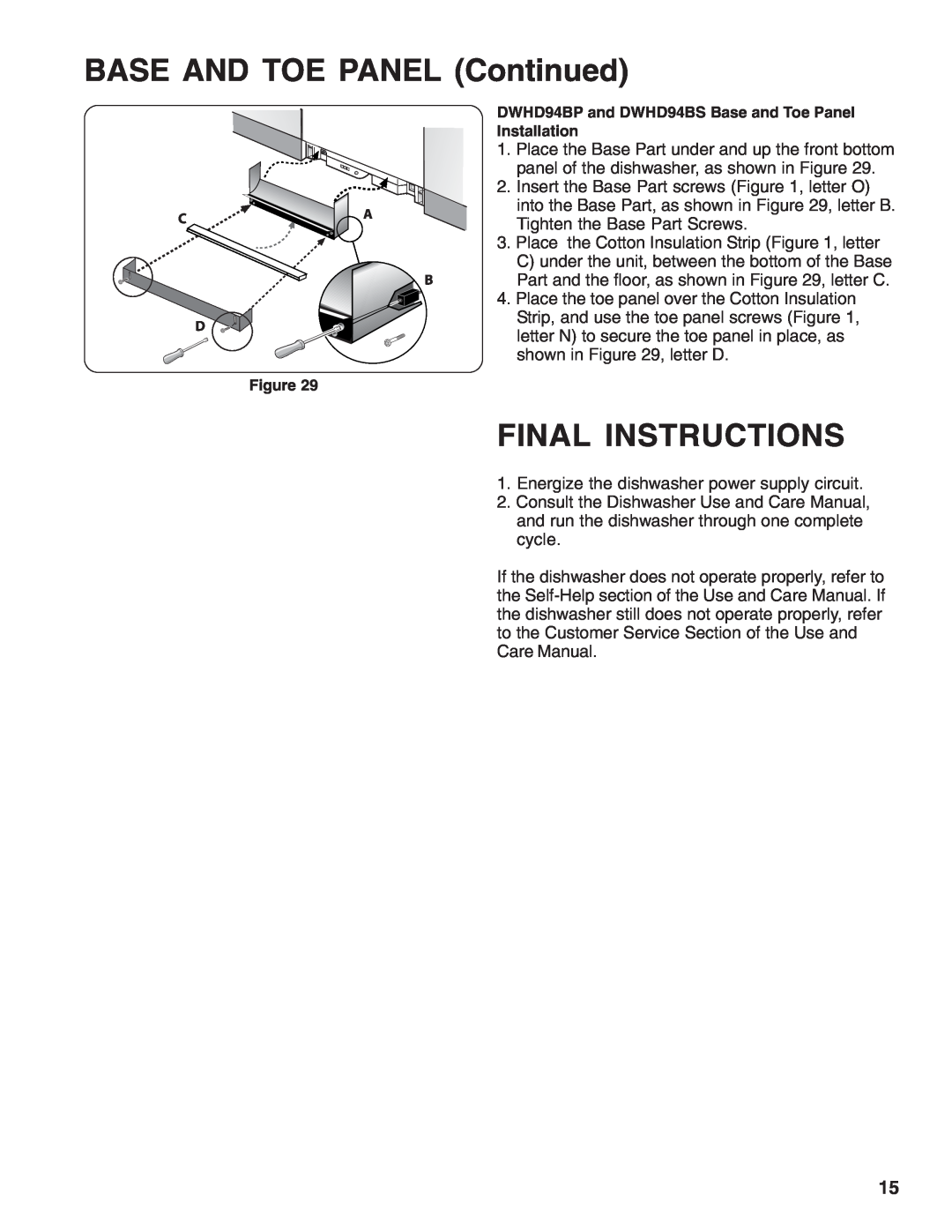 Thermador 9000039271 installation instructions BASE AND TOE PANEL Continued, Final Instructions 
