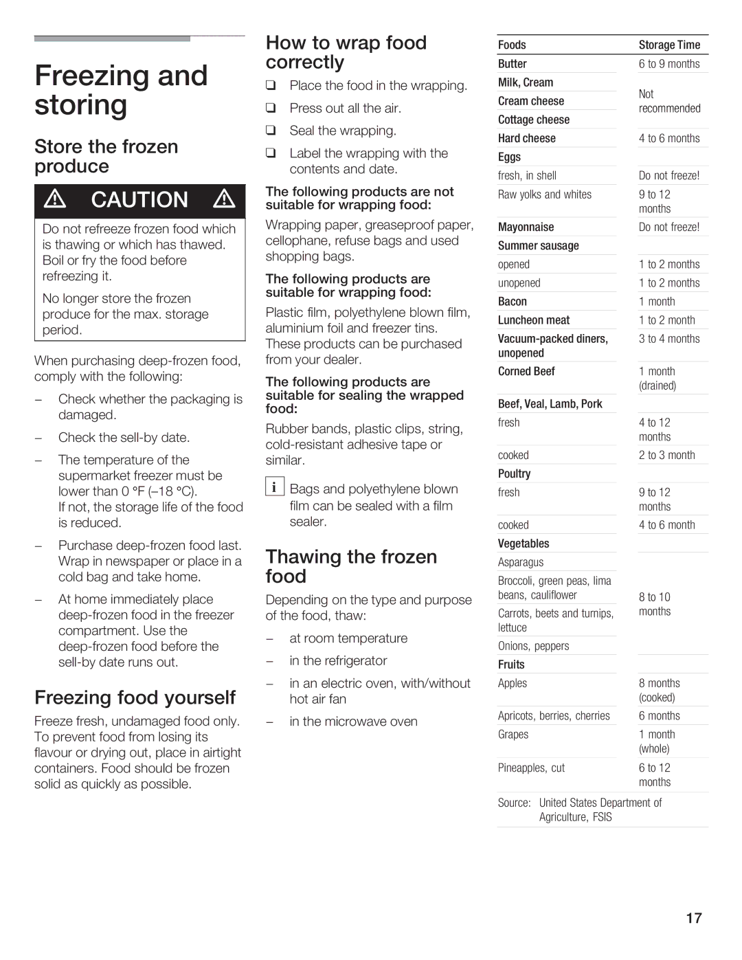 Thermador 9000189698 Freezing and storing, Store the frozen produce How to wrap food correctly, Thawing the frozen, Food 