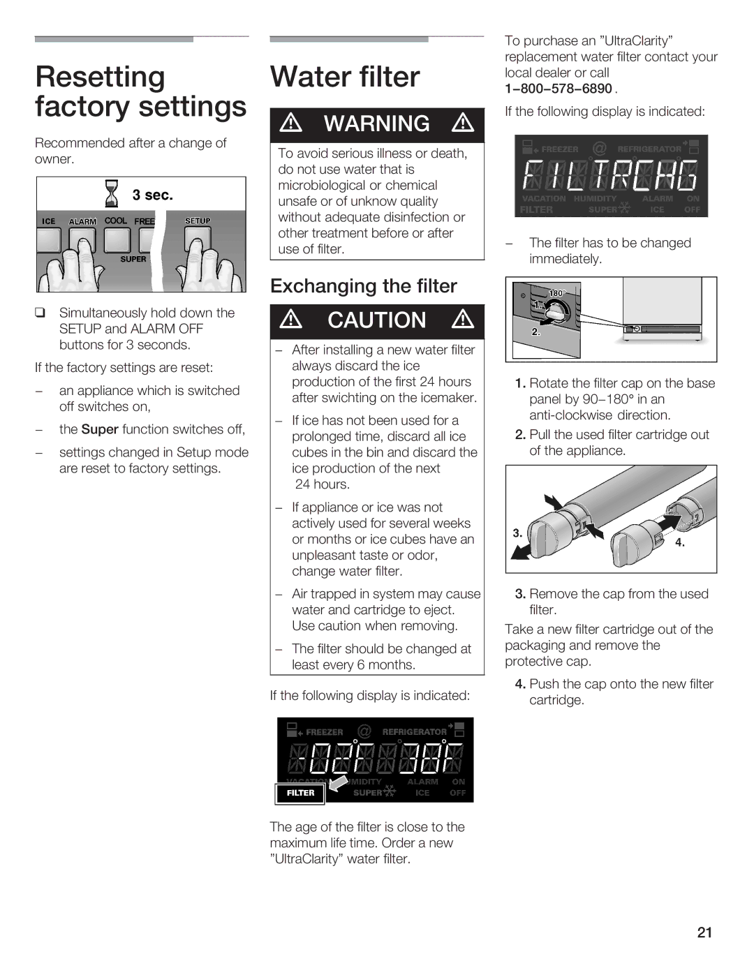 Thermador 9000189698 manual Resetting Water filter Factory settings, Exchanging the filter 