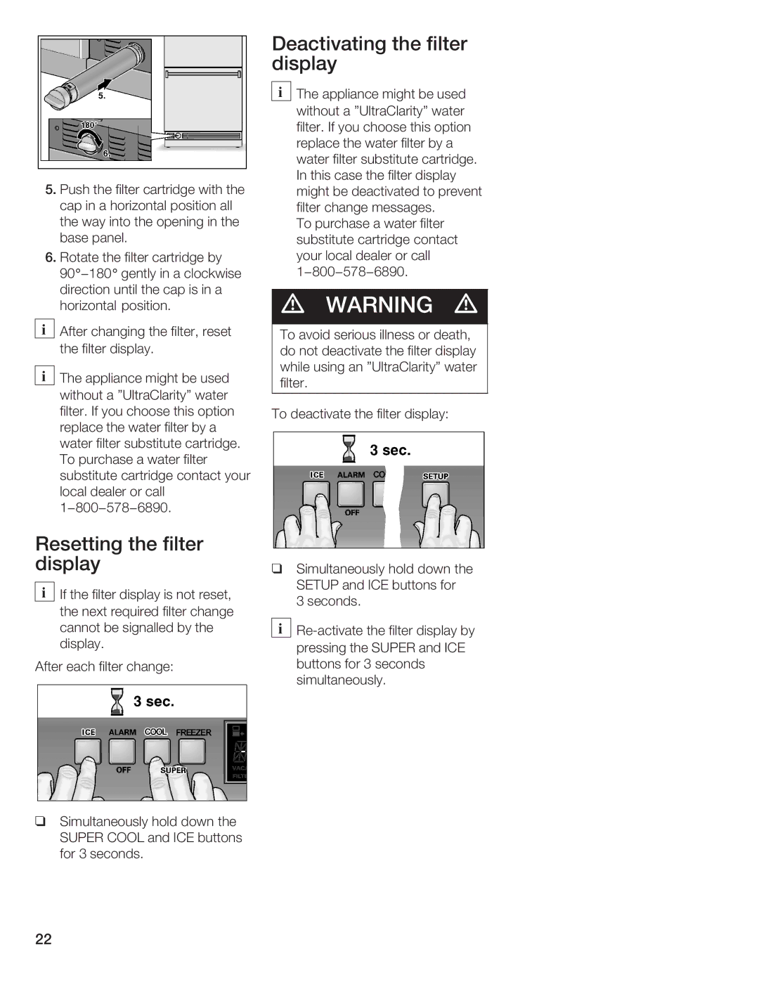 Thermador 9000189698 manual Resetting the filter display Deactivating the filter display 