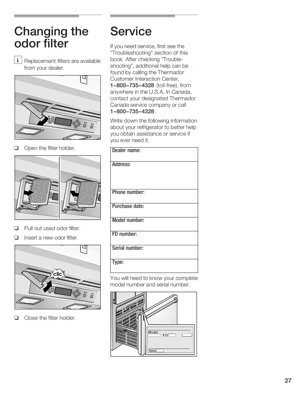 Thermador 9000189698 manual Changing the Service odor filter 