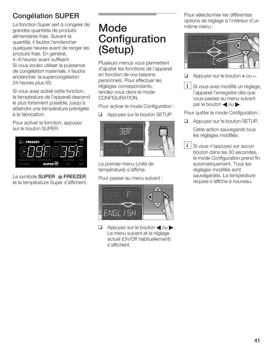 Thermador 9000189698 manual Mode Configuration Setup, Congélation Super 