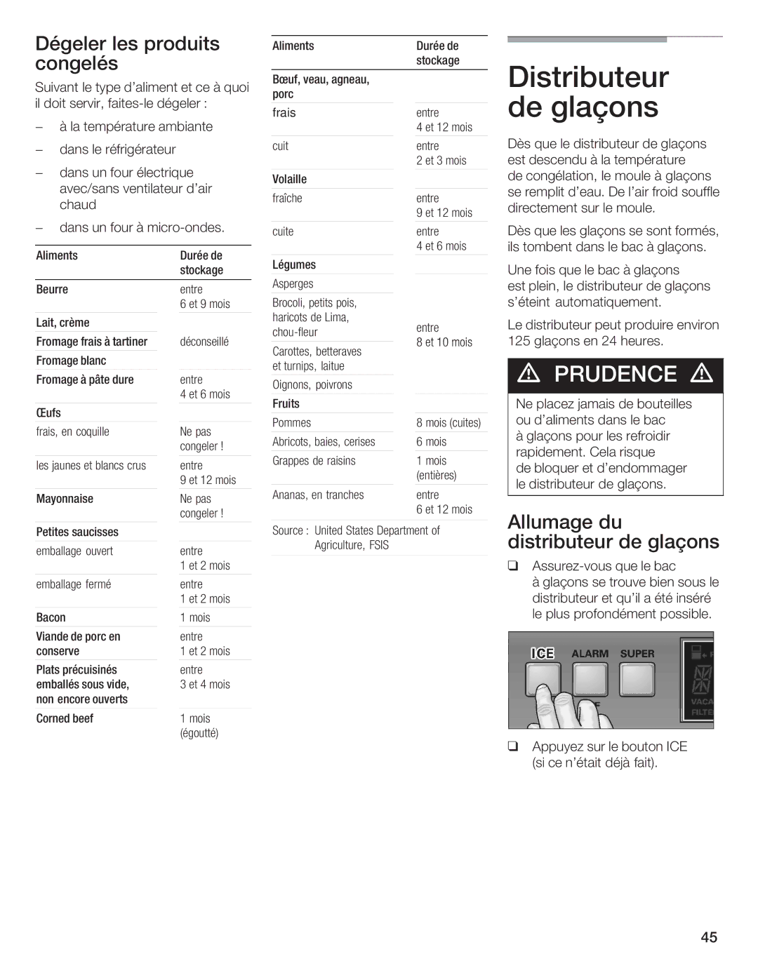 Thermador 9000189698 manual Distributeur de glaçons, Dégeler les produits congelés, Allumage du distributeur de glaçons 