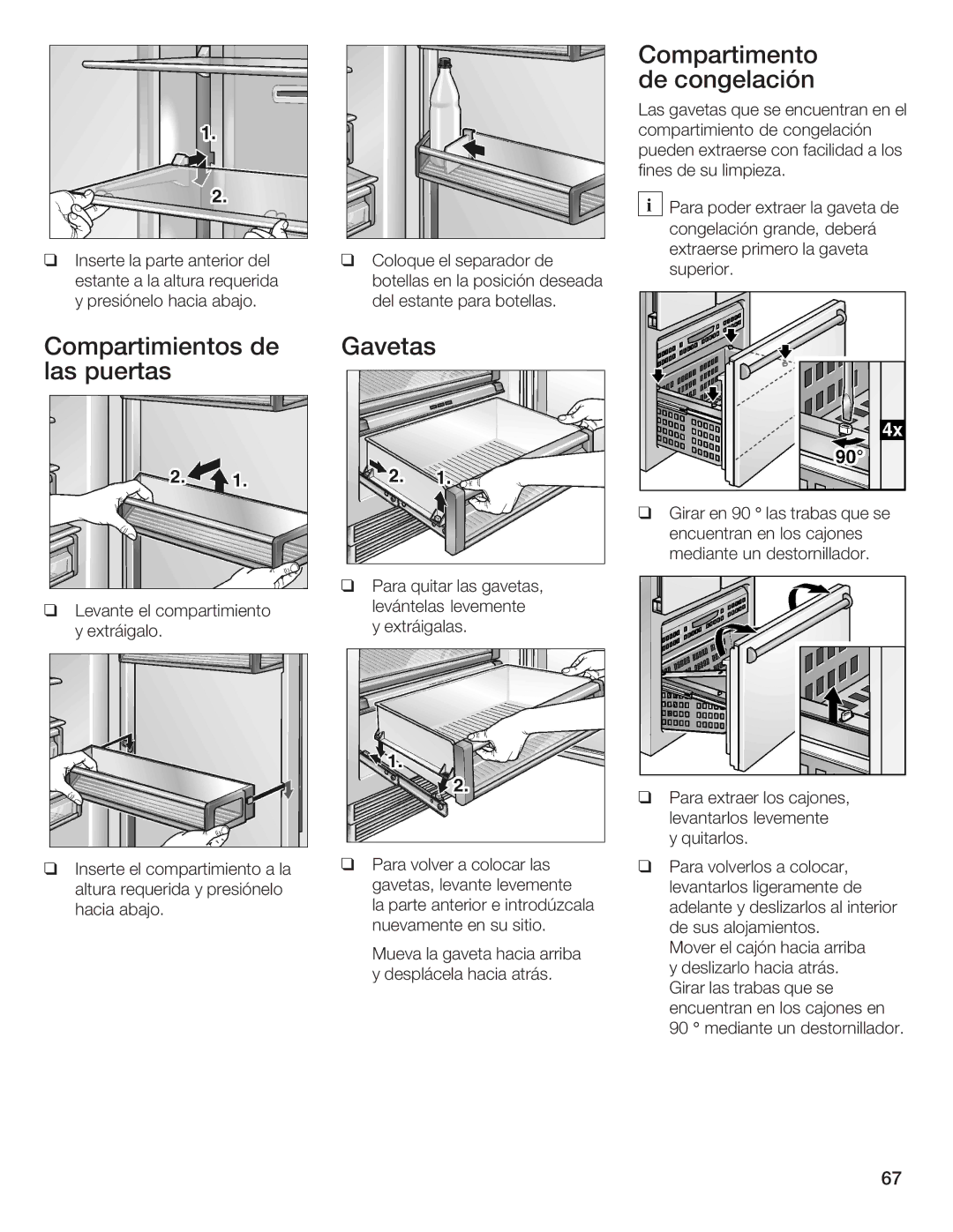 Thermador 9000189698 manual Compartimento de congelación, Compartimientos de las puertas, Gavetas 