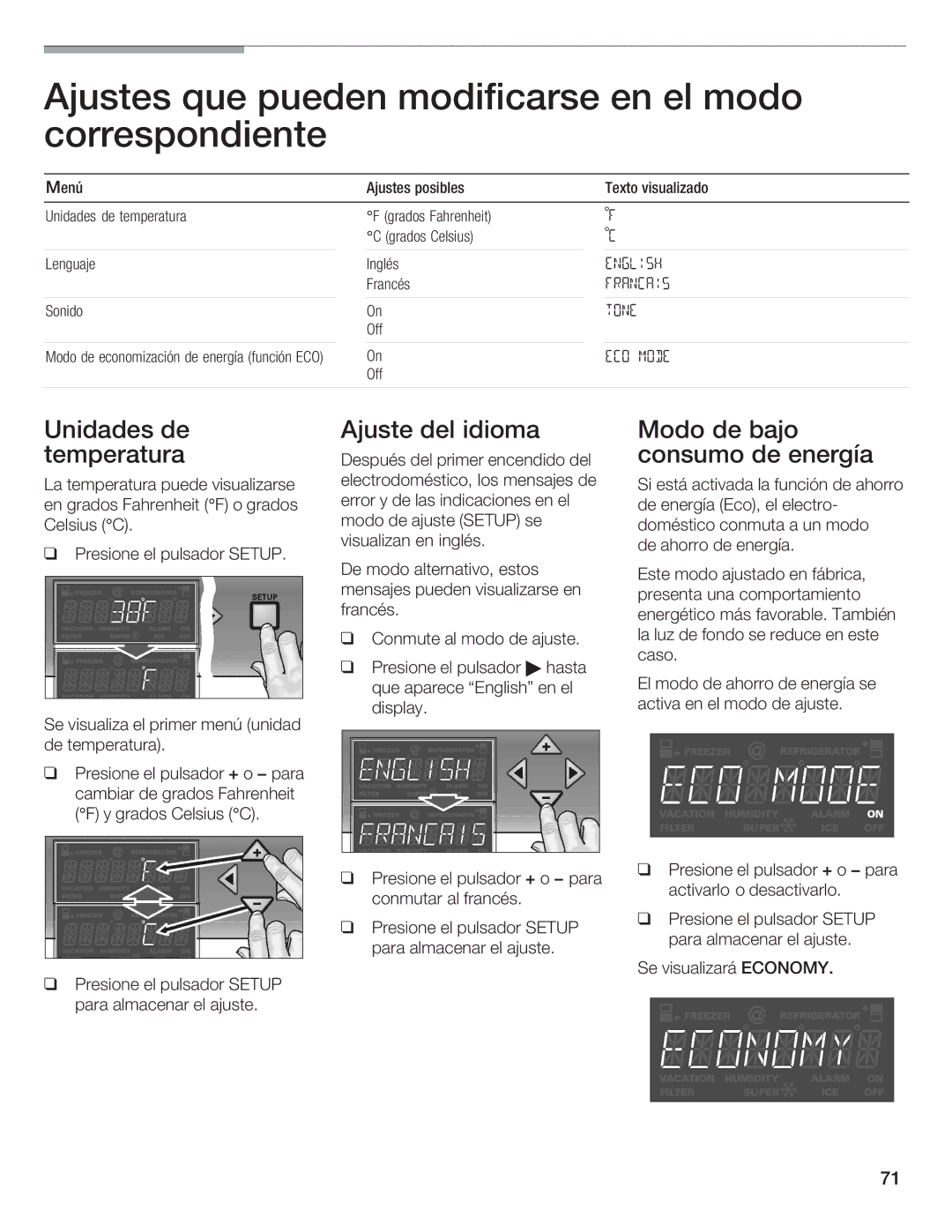 Thermador 9000189698 manual Ajustes que pueden modificarse en el modo correspondiente, Economy 