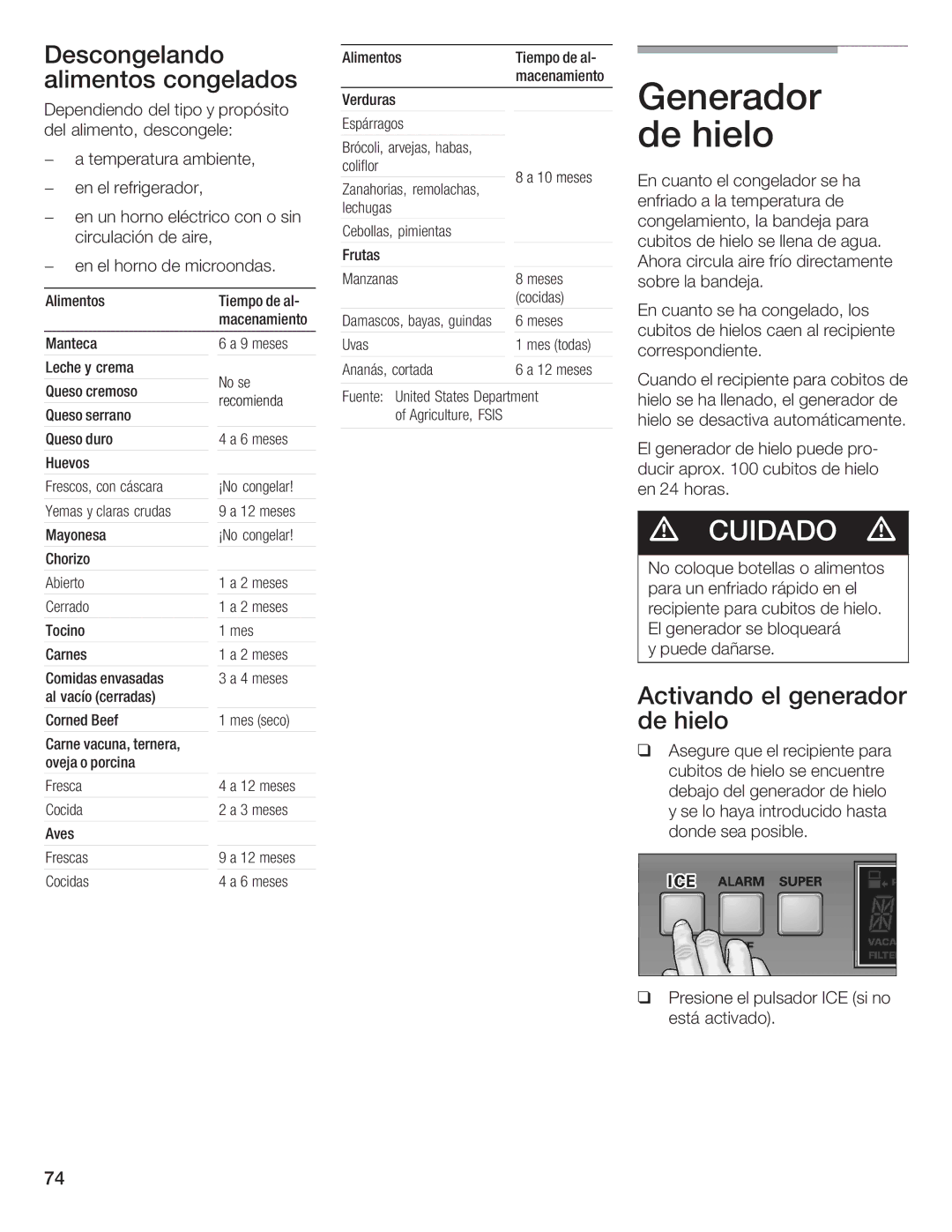 Thermador 9000189698 manual Generador de hielo, Descongelando alimentos congelados, Activando el generador de hielo 