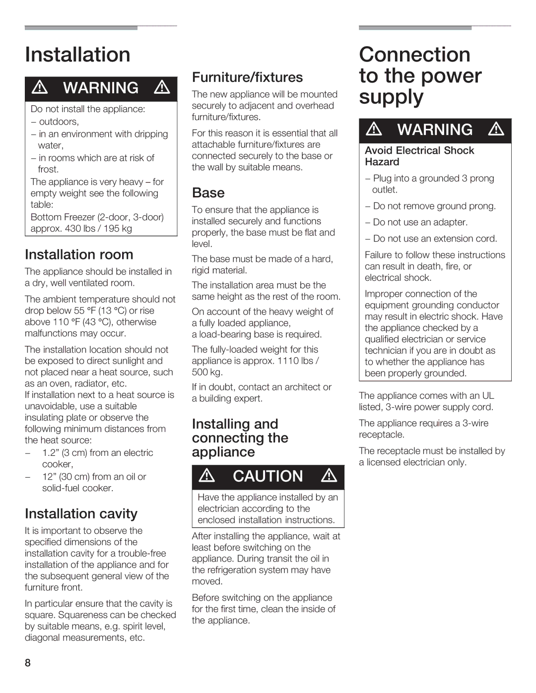 Thermador 9000189698 manual Installation, Connection to the power supply, Furniture/fixtures Base 