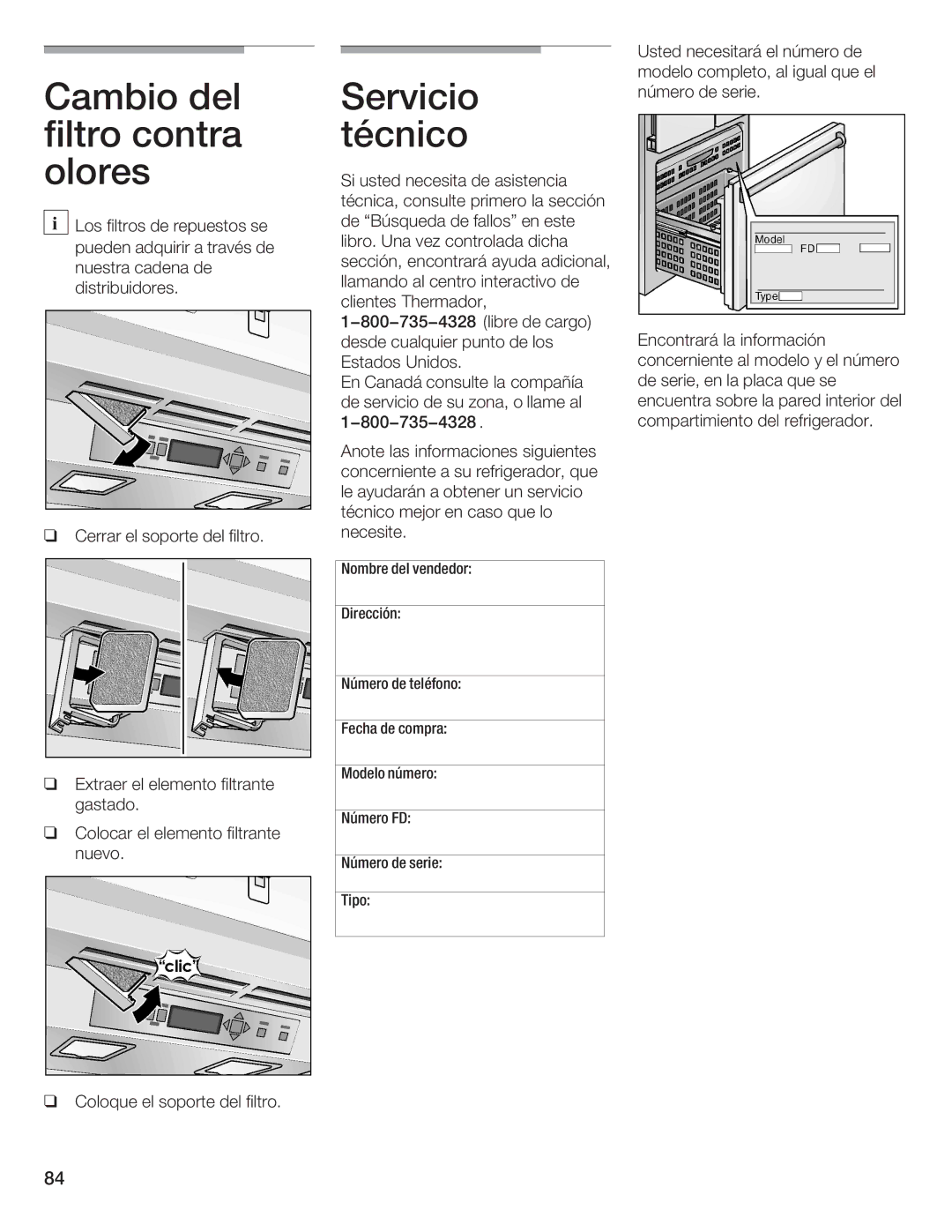 Thermador 9000189698 manual Cambio del filtro contra olores, Técnico 