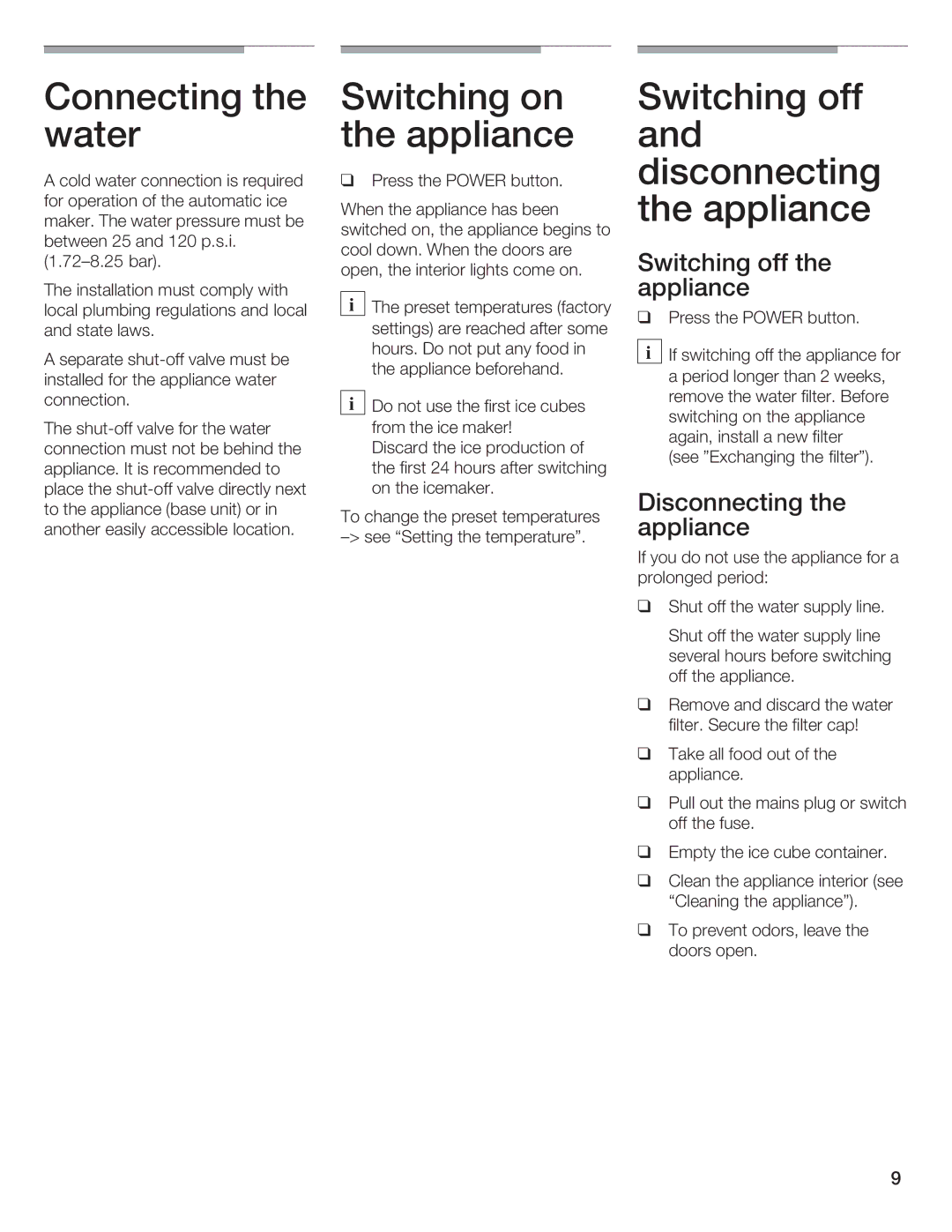 Thermador 9000189698 manual Switching off the appliance Disconnecting the appliance 