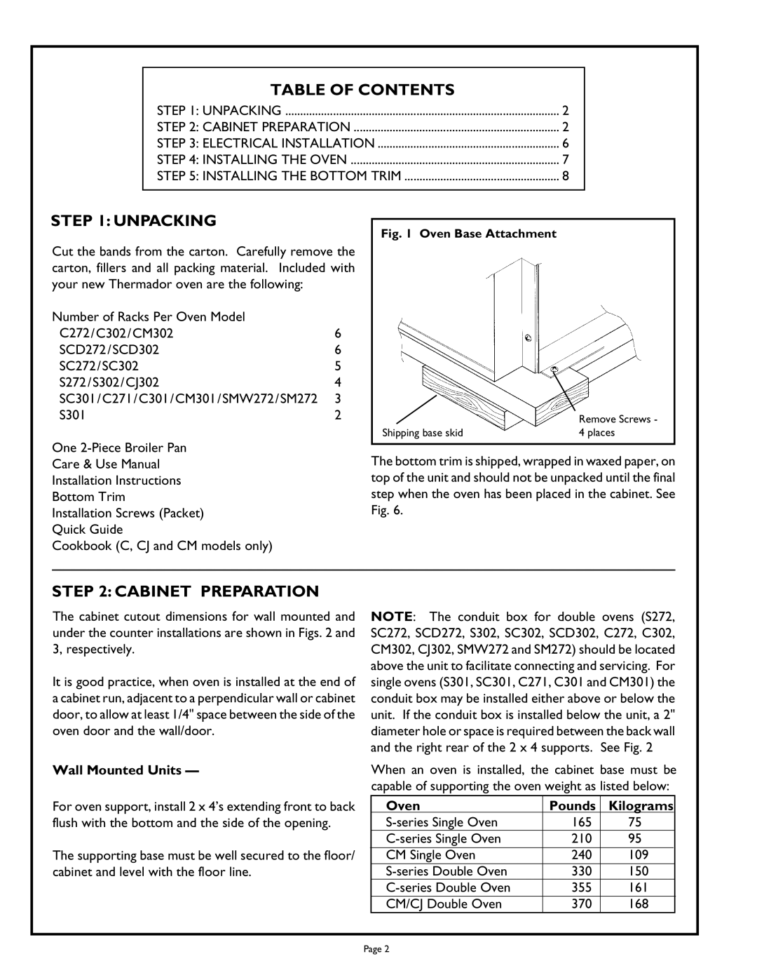 Thermador C271, SC301, C302, SCD272, TRUE, SC272, S302, S272, S301, CJ302 Table of Contents, Unpacking, Cabinet Preparation 