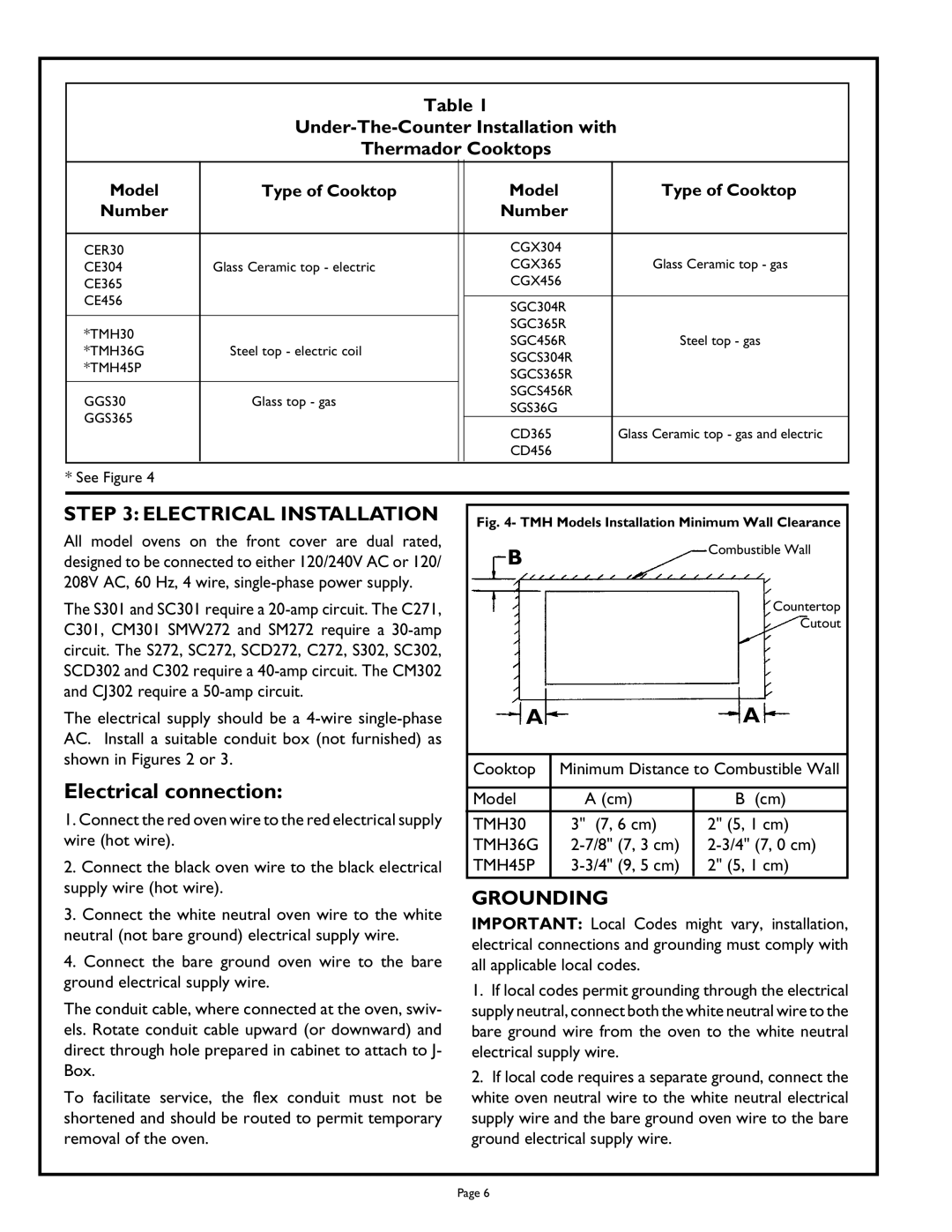 Thermador SC272, C271, SC301, C302 Electrical connection, Electrical Installation, Grounding, Model Type of Cooktop Number 