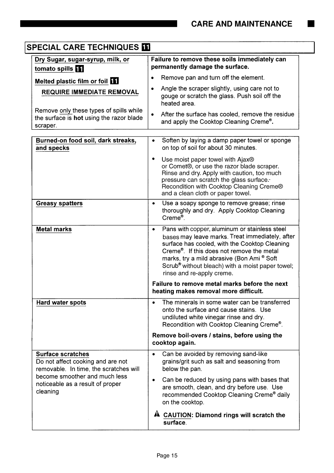 Thermador CE456, CE365, CE304, CER30 manual Care and Maintenance 