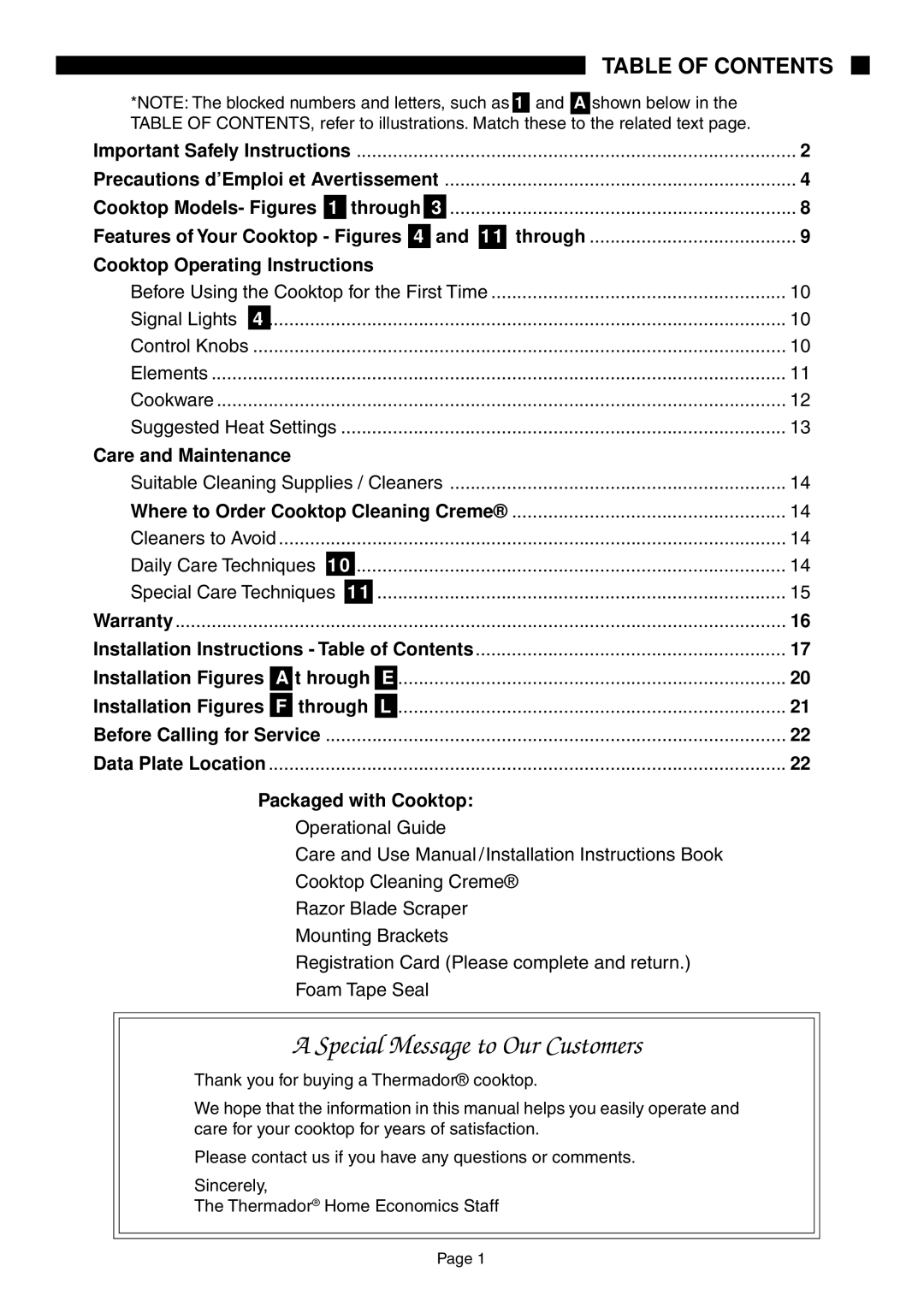 Thermador CER30, CE365, CE456, CE304 manual Special Message to Our Customers 
