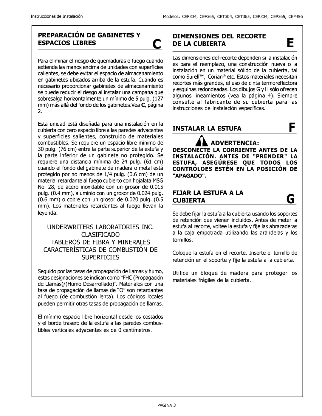 Thermador CEP installation instructions Preparación DE Gabinetes Y Espacios Libres, Dimensiones DEL Recorte DE LA Cubierta 