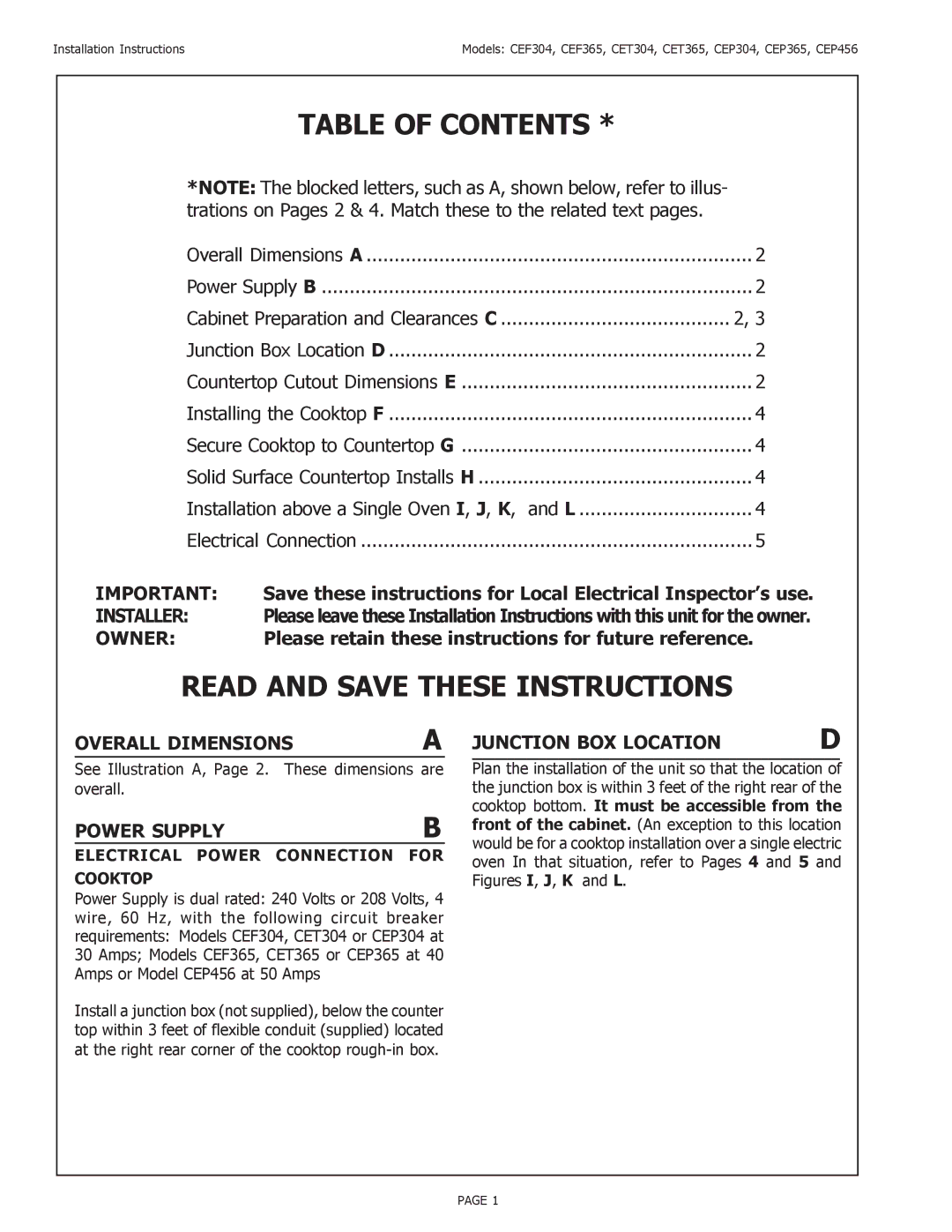 Thermador CEP installation instructions Table of Contents, Read and Save These Instructions 