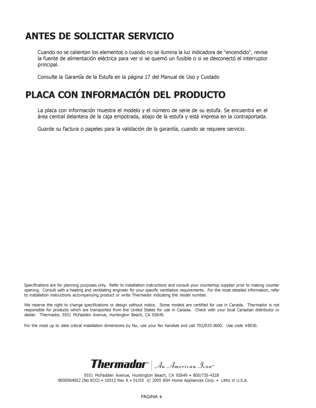 Thermador CEP installation instructions Antes DE Solicitar Servicio, Placa CON Información DEL Producto 