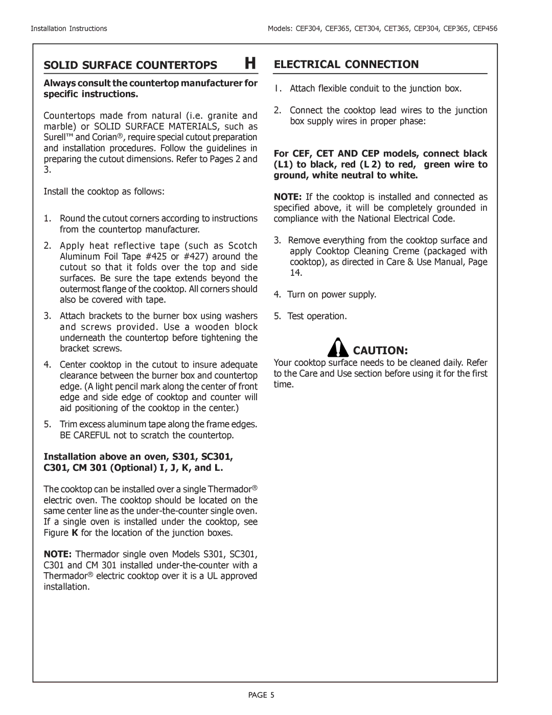 Thermador CEP installation instructions Solid Surface Countertops, Electrical Connection 