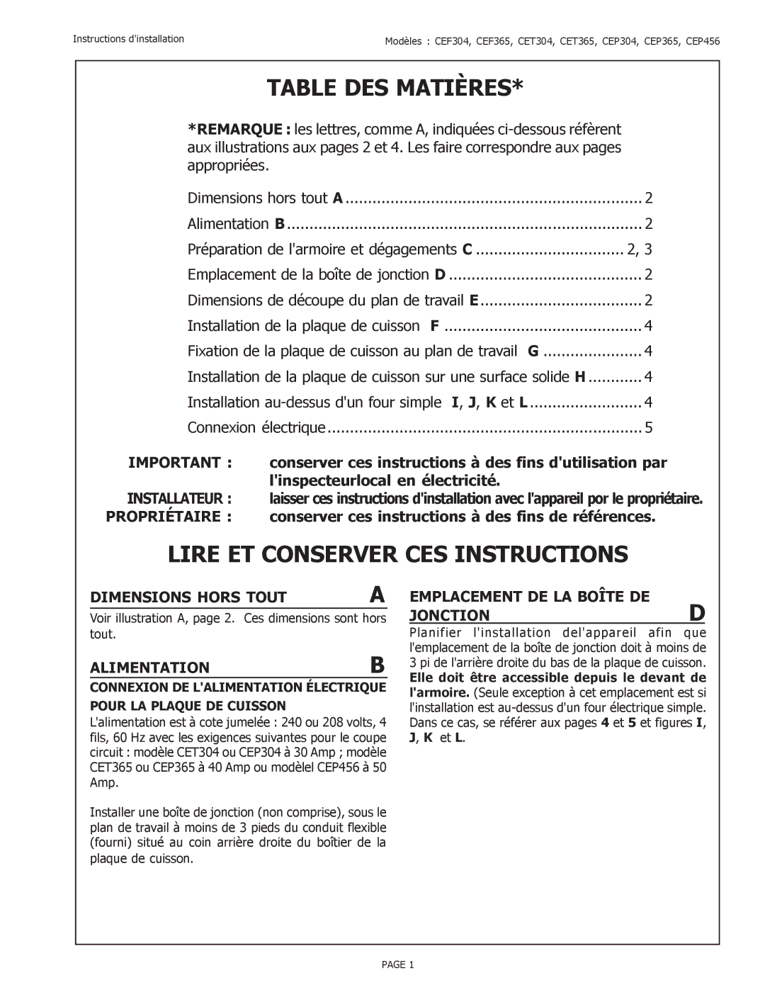 Thermador CEP Table DES Matières, Lire ET Conserver CES Instructions, Dimensions Hors Tout a, Alimentationb 