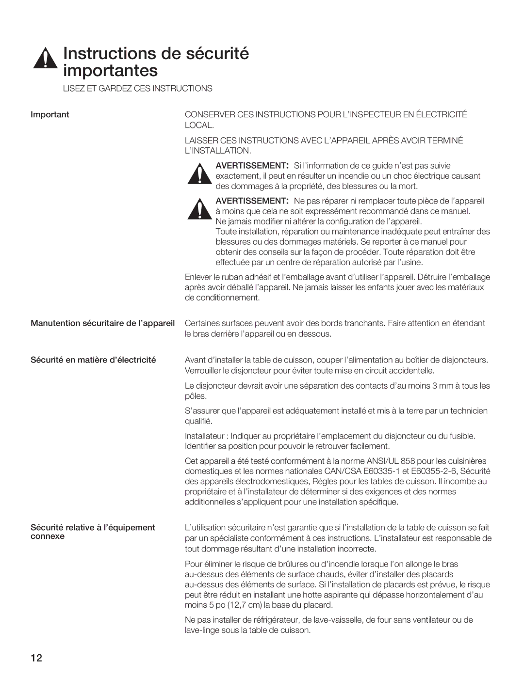 Thermador CET366FS, CET304FS, CES366FS, CES304FS, CES365FS, CEM365FS manual Instructionsimportantes de sécurité, Avertissement 