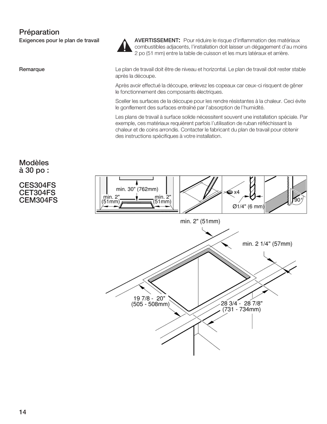 Thermador CET304FS, CES366FS, CES304FS, CES365FS, CEM365FS, CET366FS, CEM304FS manual Préparation 