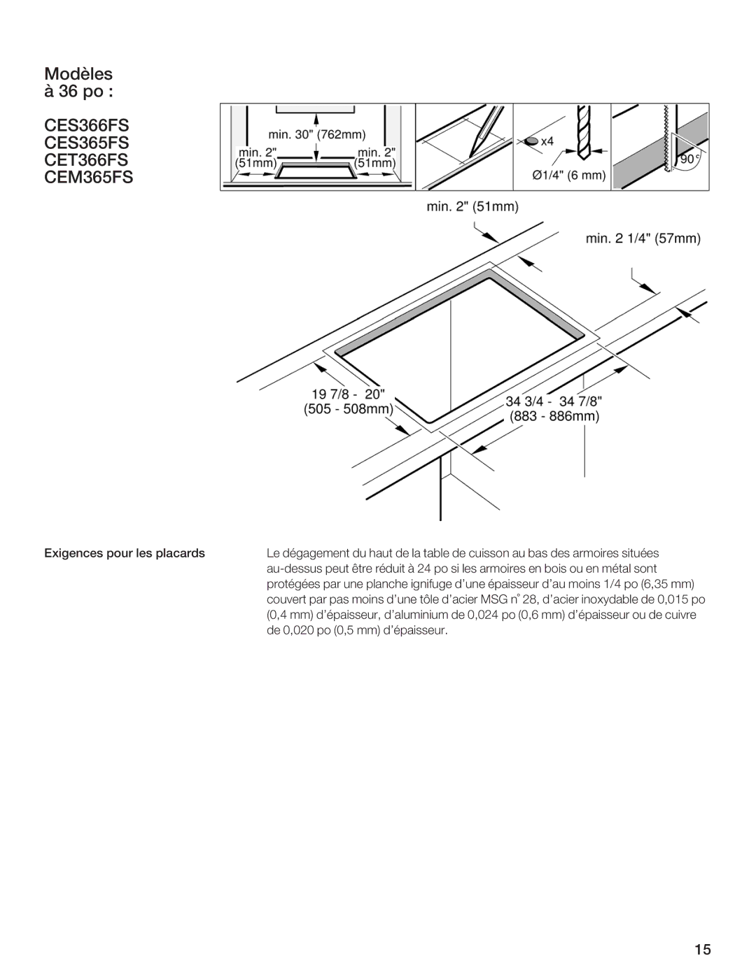 Thermador CES366FS, CET304FS, CES304FS, CES365FS, CEM365FS, CET366FS, CEM304FS manual Modèles à 36 po 