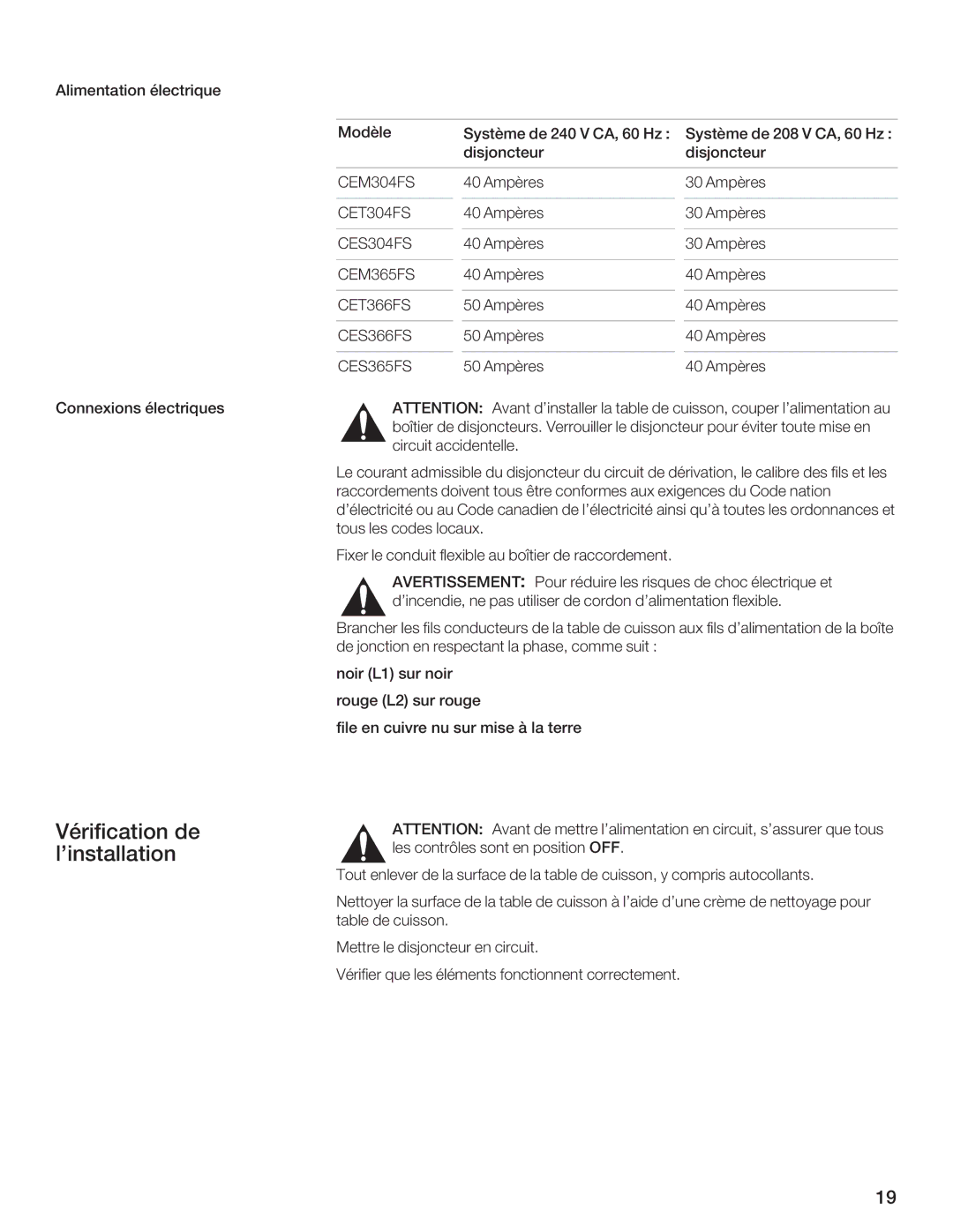 Thermador CET366FS, CET304FS, CES366FS, CES304FS, CES365FS, CEM365FS, CEM304FS manual Vérification de Linstallation 