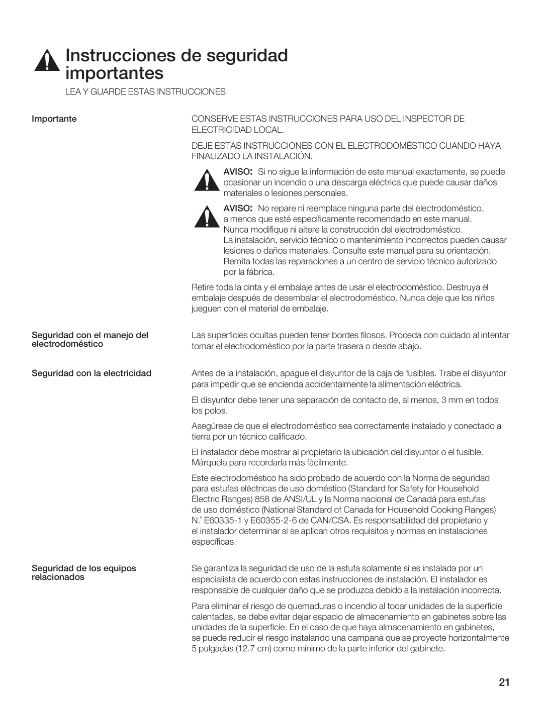 Thermador CET304FS, CES366FS, CES304FS, CES365FS, CEM365FS, CET366FS, CEM304FS Instruccionesimportantes de seguridad, Aviso 