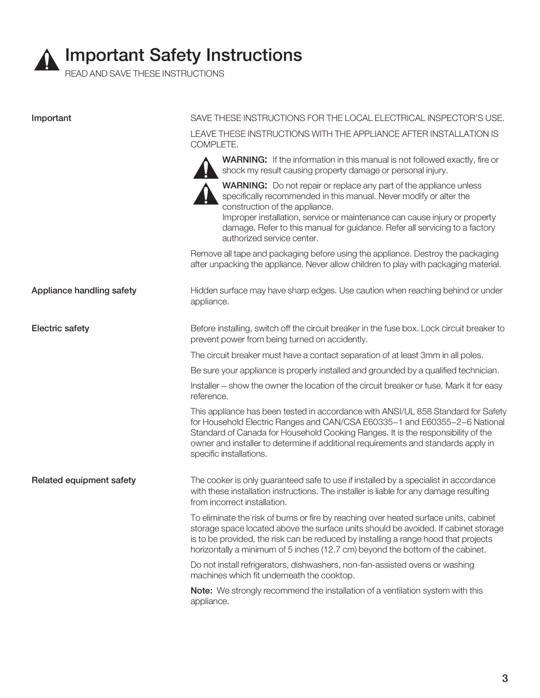 Thermador CES365FS, CET304FS, CES366FS, CES304FS, CEM365FS, CET366FS, CEM304FS manual Important Safety Instructions 