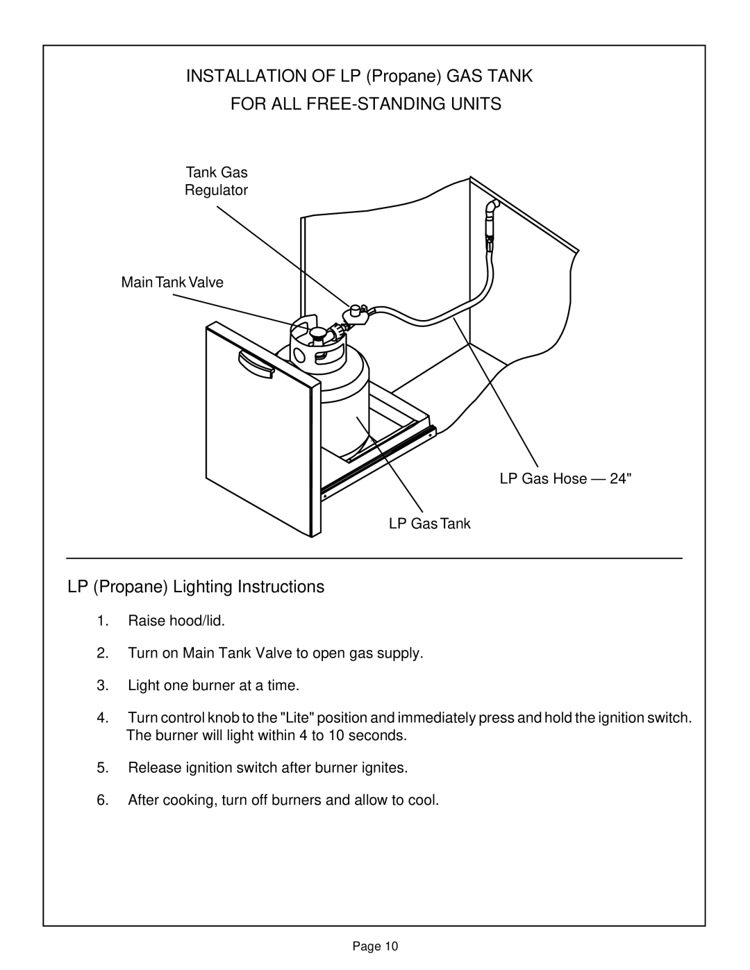 Thermador CGB48FZLP Installation of LP Propane GAS Tank, For ALL FREE-STANDING Units, LP Propane Lighting Instructions 