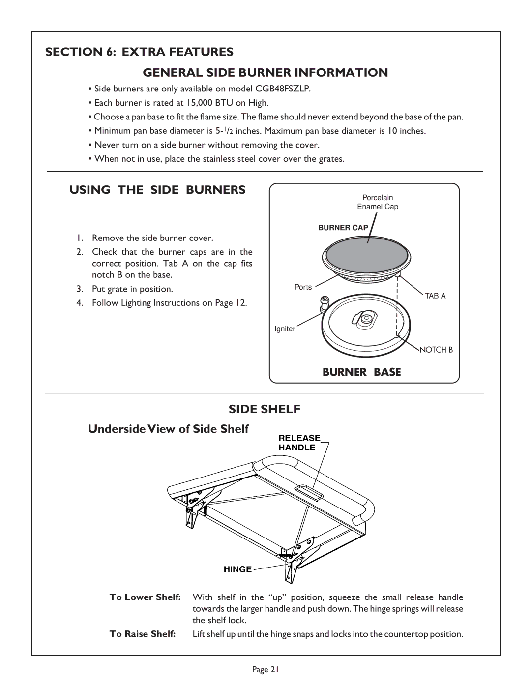 Thermador CGB30CZLP, CGB36FZLP, CGB48FZLP, CG848FSZLP manual Extra Features General Side Burner Information, Side Shelf 