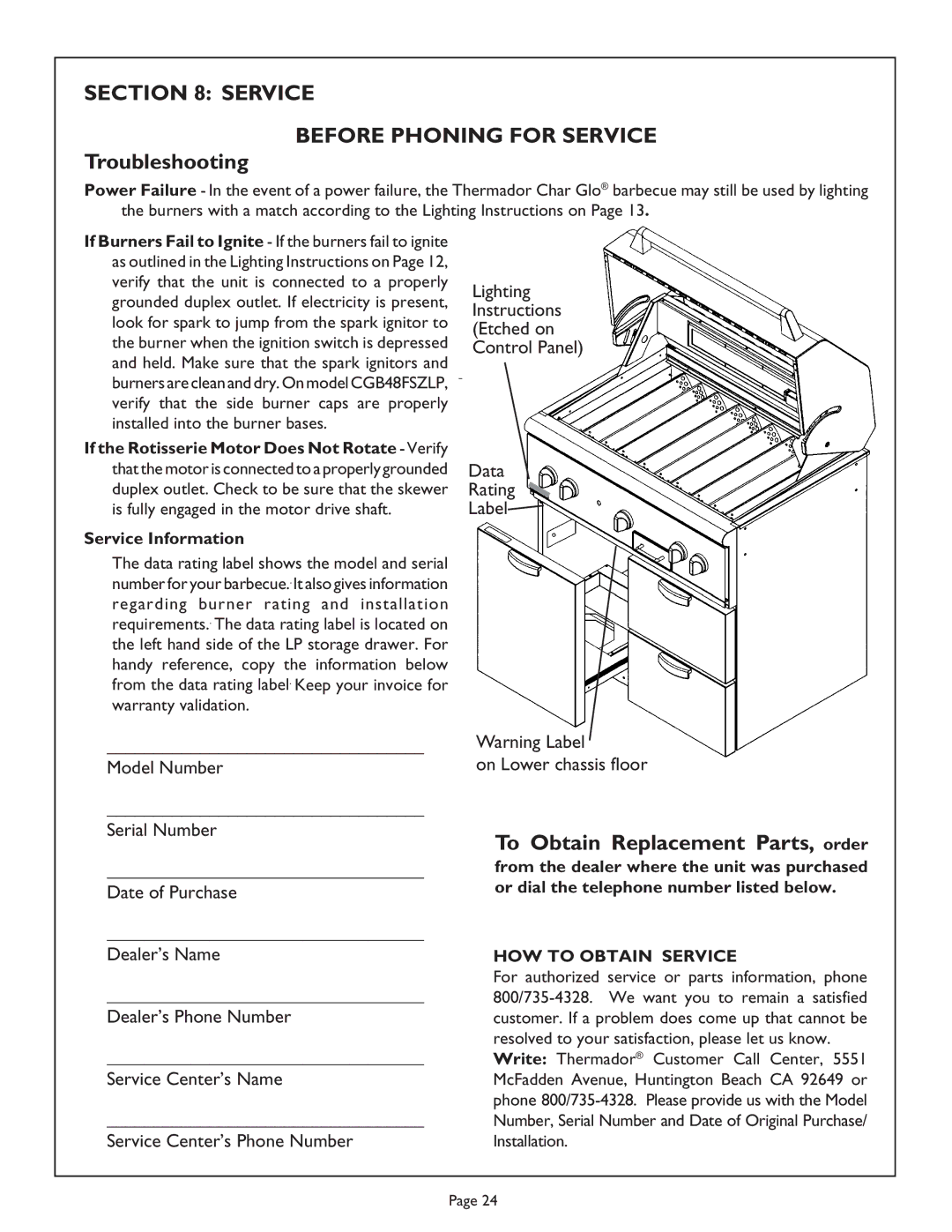 Thermador CGB48FSZLP, CGB48FZLP Service Before Phoning for Service, Troubleshooting, To Obtain Replacement Parts, order 