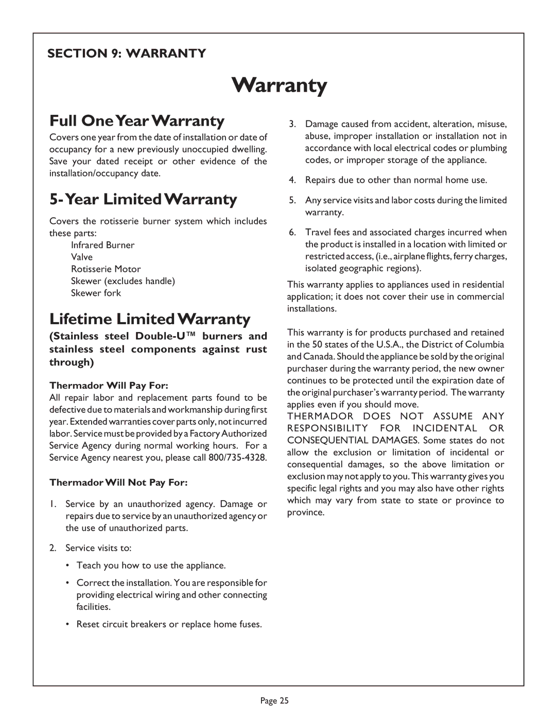 Thermador CGB30CZLP, CGB36FZLP, CGB48FZLP, CG848FSZLP manual Warranty, Thermador Will Pay For, Thermador Will Not Pay For 