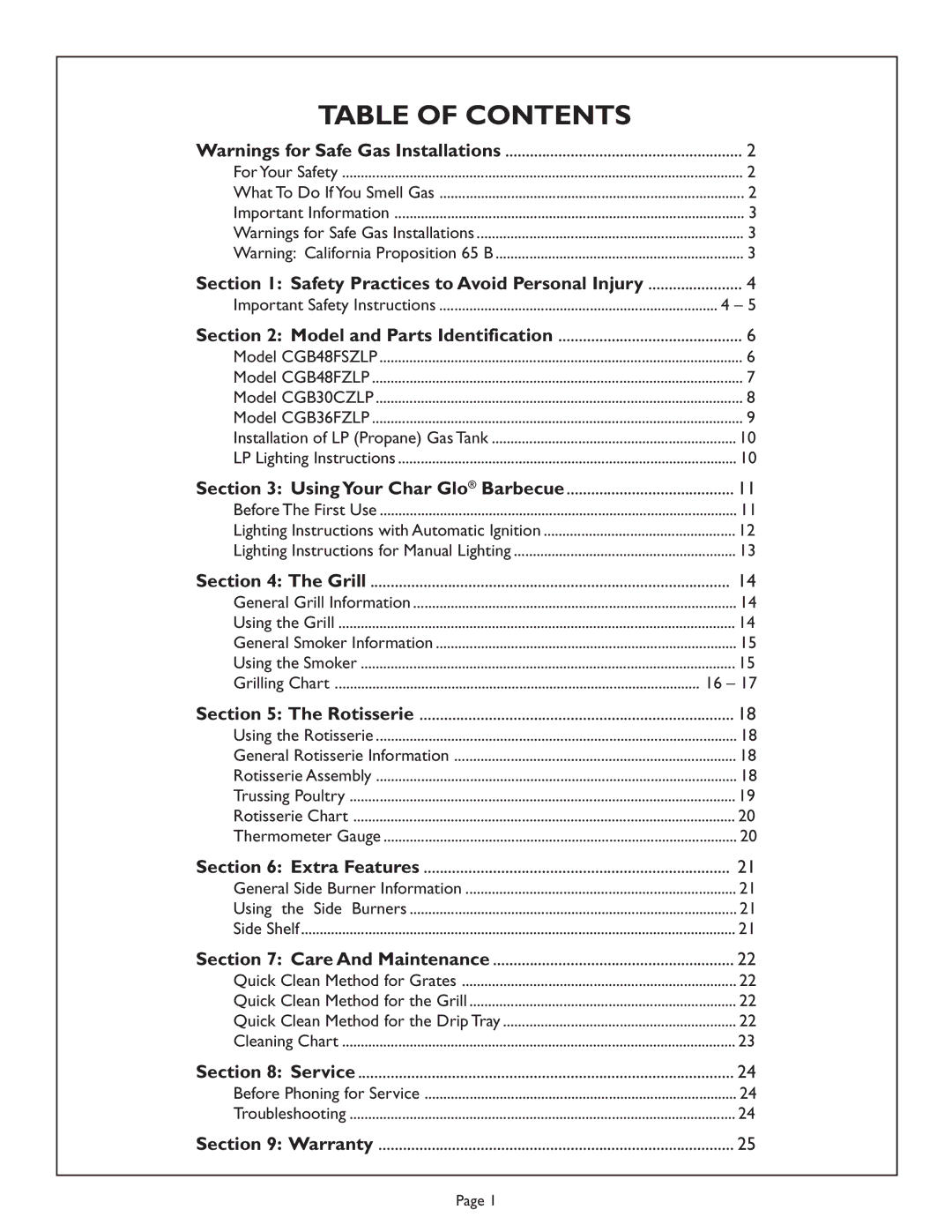 Thermador CGB30CZLP, CGB36FZLP, CGB48FZLP, CG848FSZLP, CGB48FSZLP manual Table of Contents 