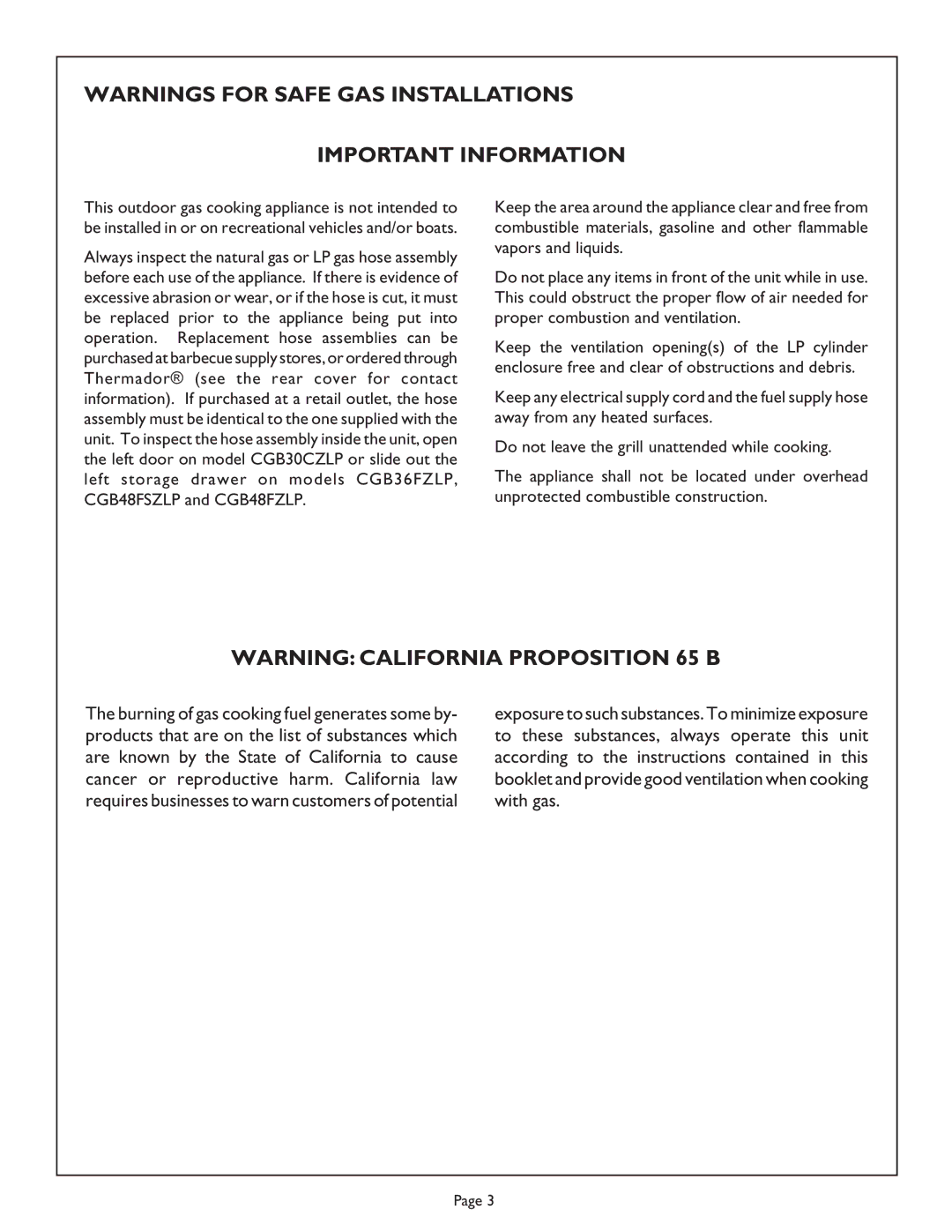 Thermador CGB48FSZLP, CGB30CZLP, CGB36FZLP, CGB48FZLP, CG848FSZLP manual Important Information 