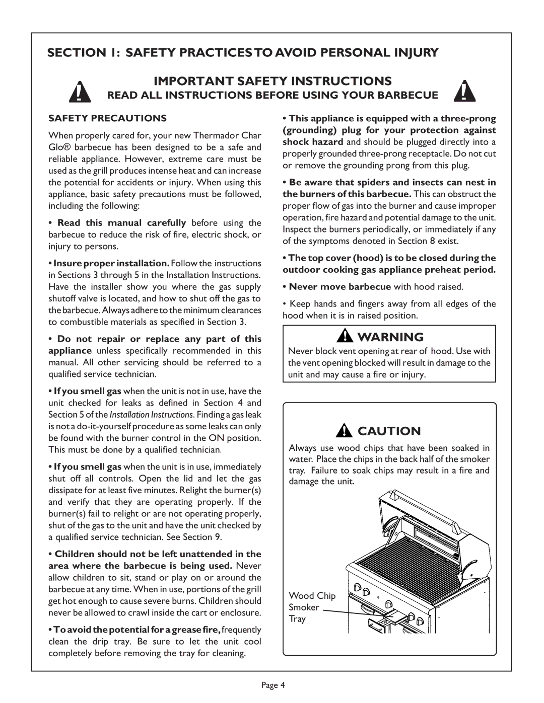 Thermador CGB48FSZLP, CGB48FZLP, CGB36FZLP manual Safety Precautions, Never move barbecue with hood raised 