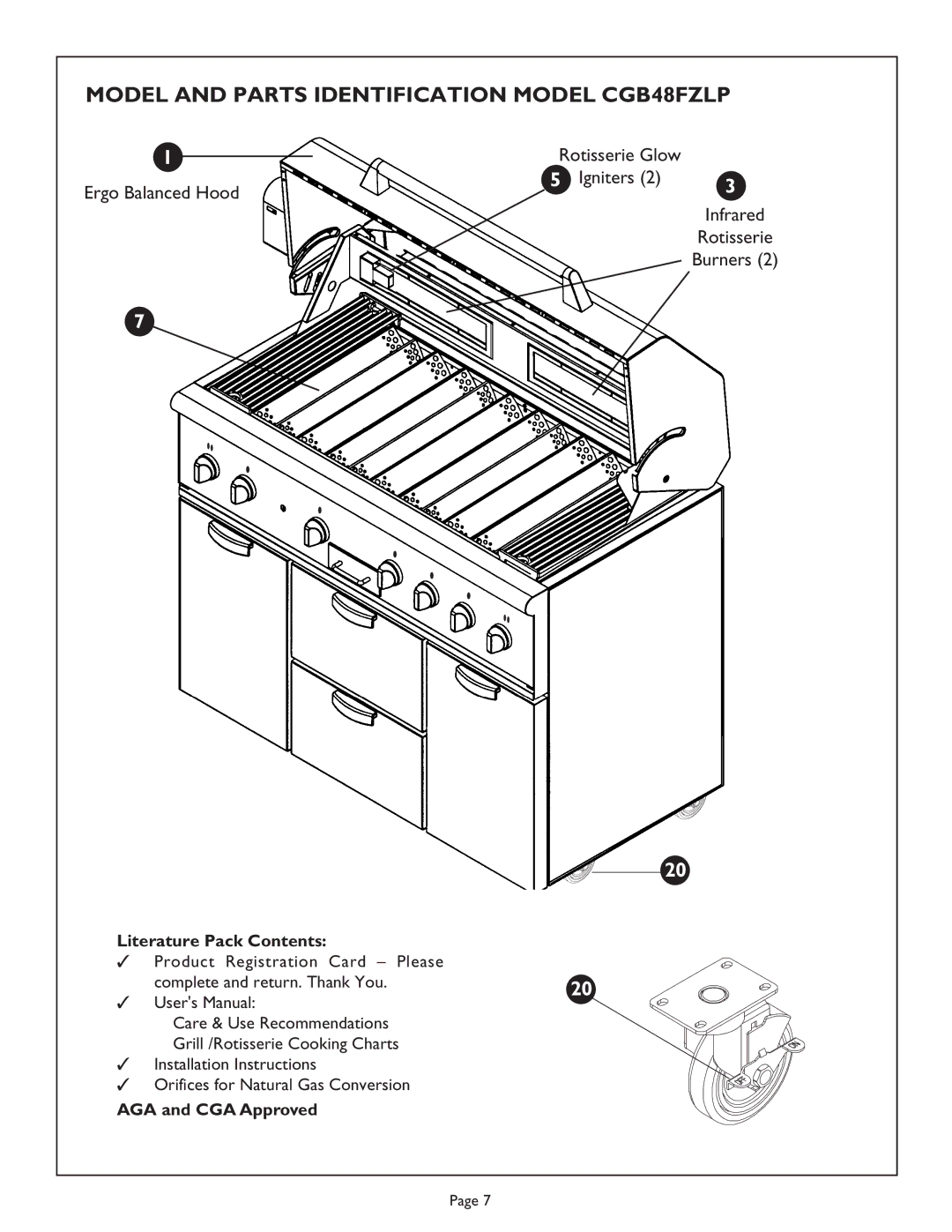 Thermador CGB36FZLP manual Model and Parts Identification Model CGB48FZLP, Literature Pack Contents, AGA and CGA Approved 