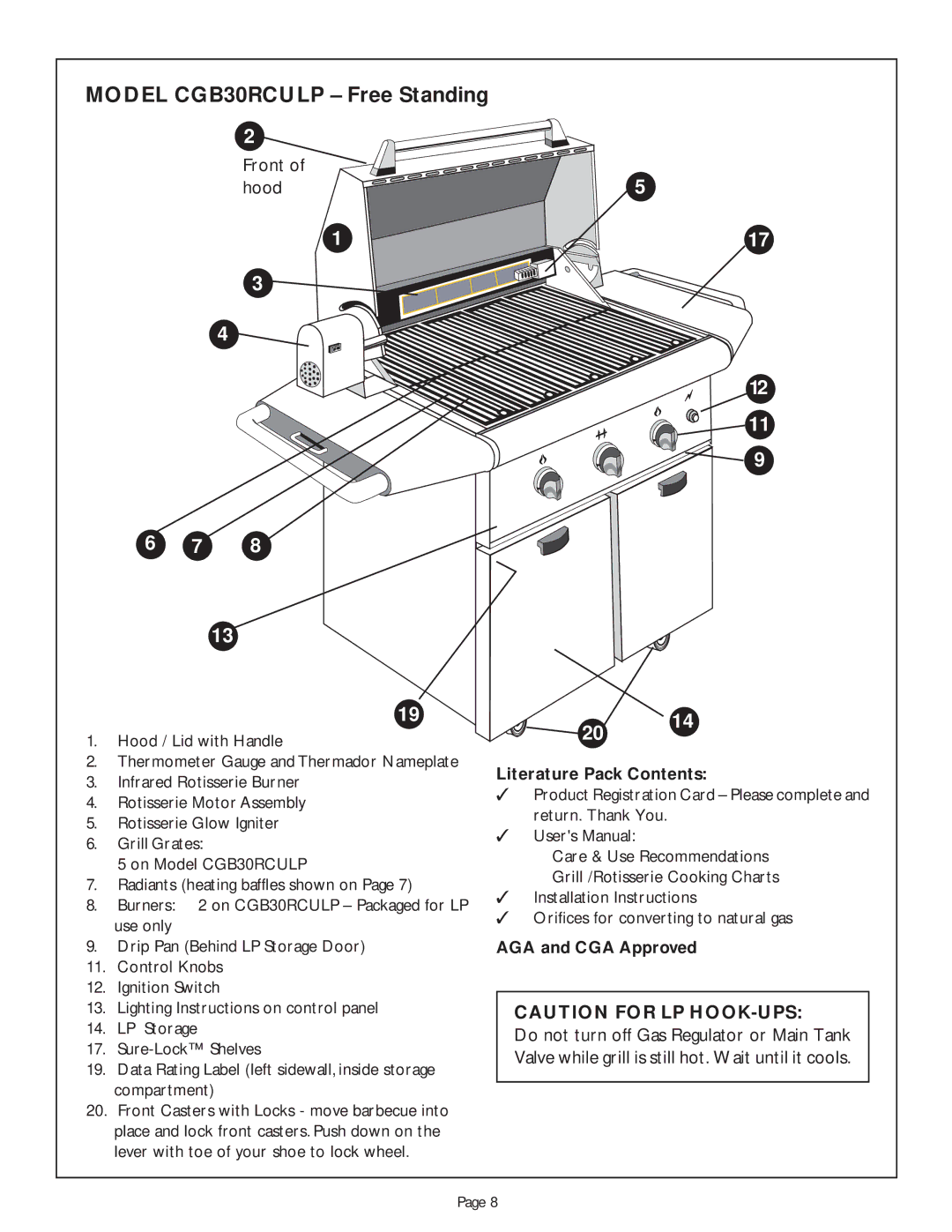 Thermador CGB48RSBU, CGB48RU, CGB36RU manual Model CGB30RCULP Free Standing, Front Hood 