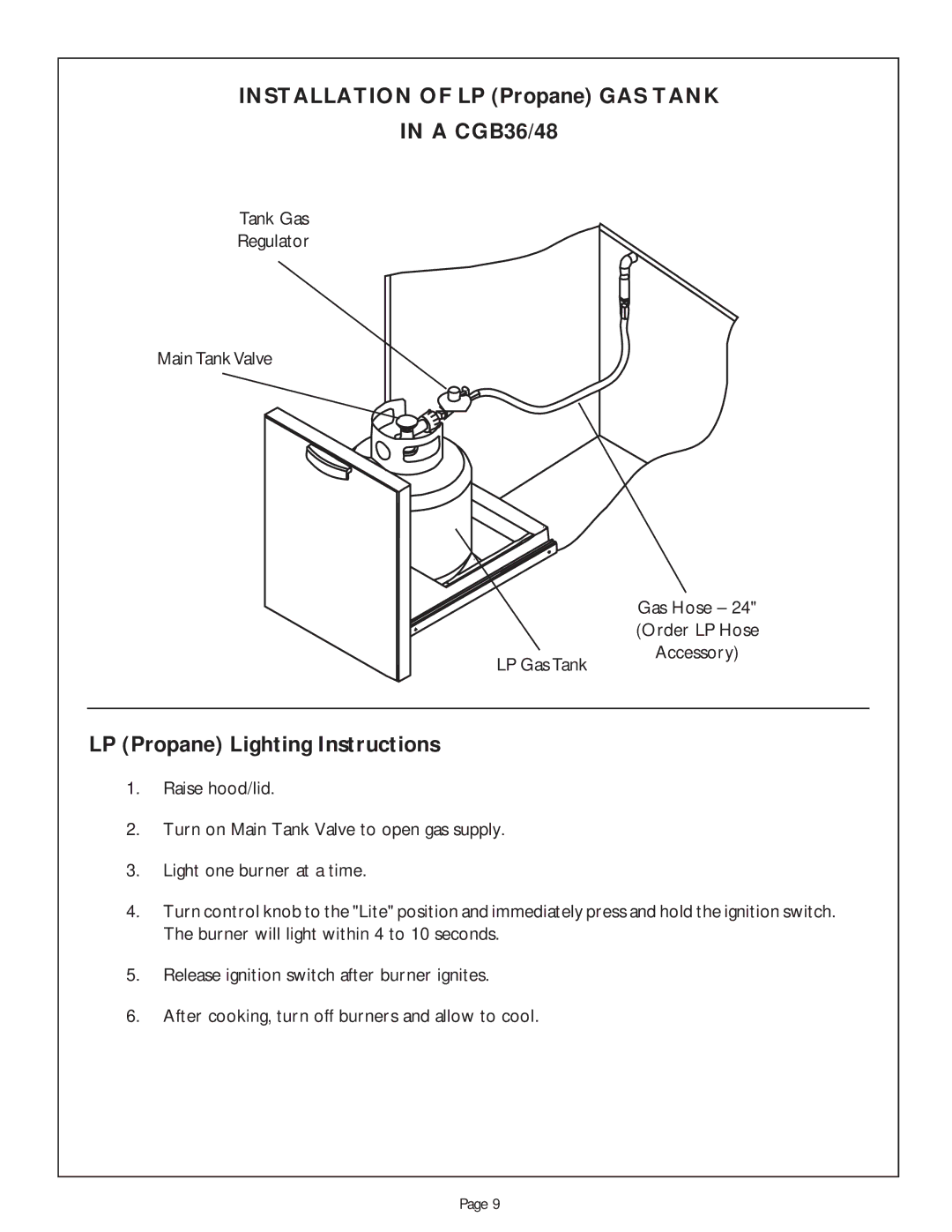 Thermador CGB36RU, CGB48RSBU, CGB48RU manual Installation of LP Propane GAS Tank A CGB36/48, LP Propane Lighting Instructions 