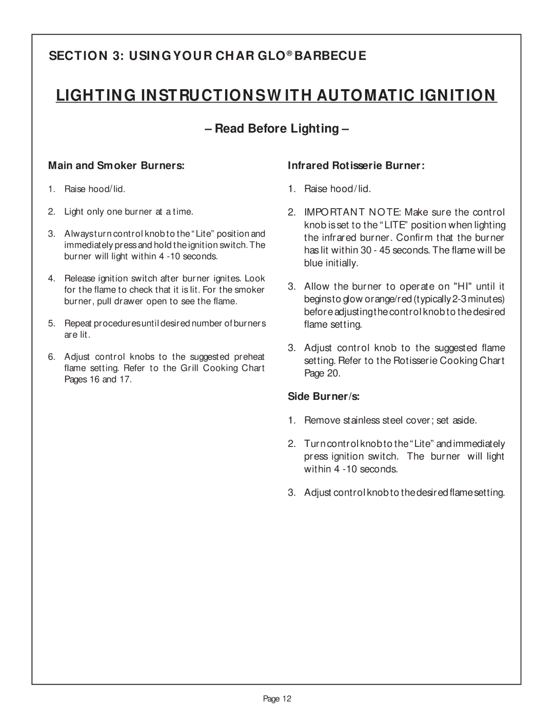 Thermador CGB30RCULP, CGB48RSBU, CGB48RU, CGB36RU manual Lighting Instructions with Automatic Ignition, Read Before Lighting 