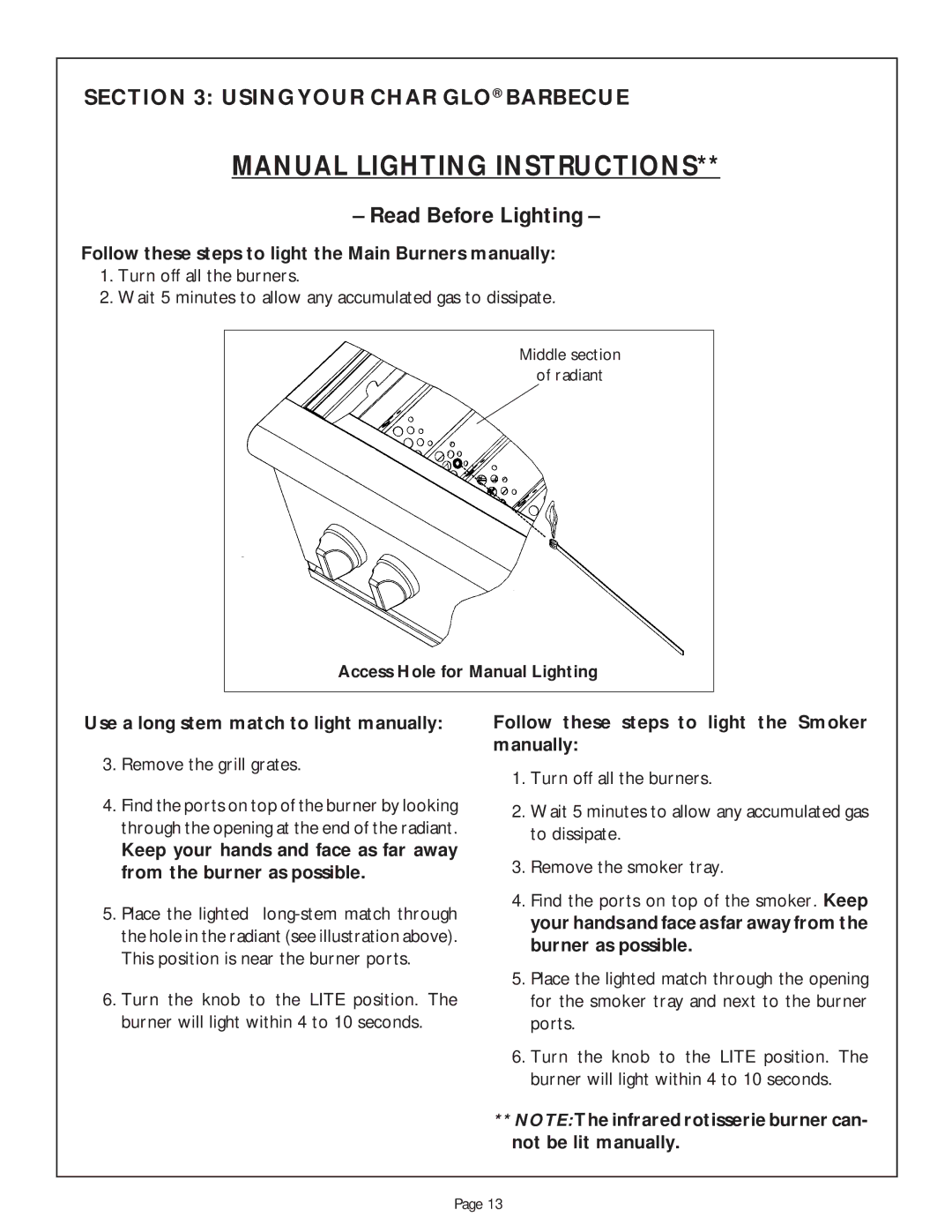 Thermador CGB36RU, CGB48RSBU, CGB48RU, CGB30RCULP manual Manual Lighting Instructions, Access Hole for Manual Lighting 