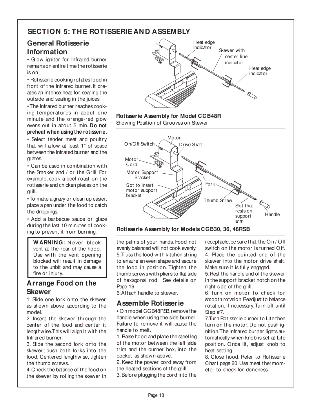 Thermador CGB48RSBU, CGB48RU, CGB36RU Rotisserie and Assembly, General Rotisserie, Information, Arrange Food on the Skewer 