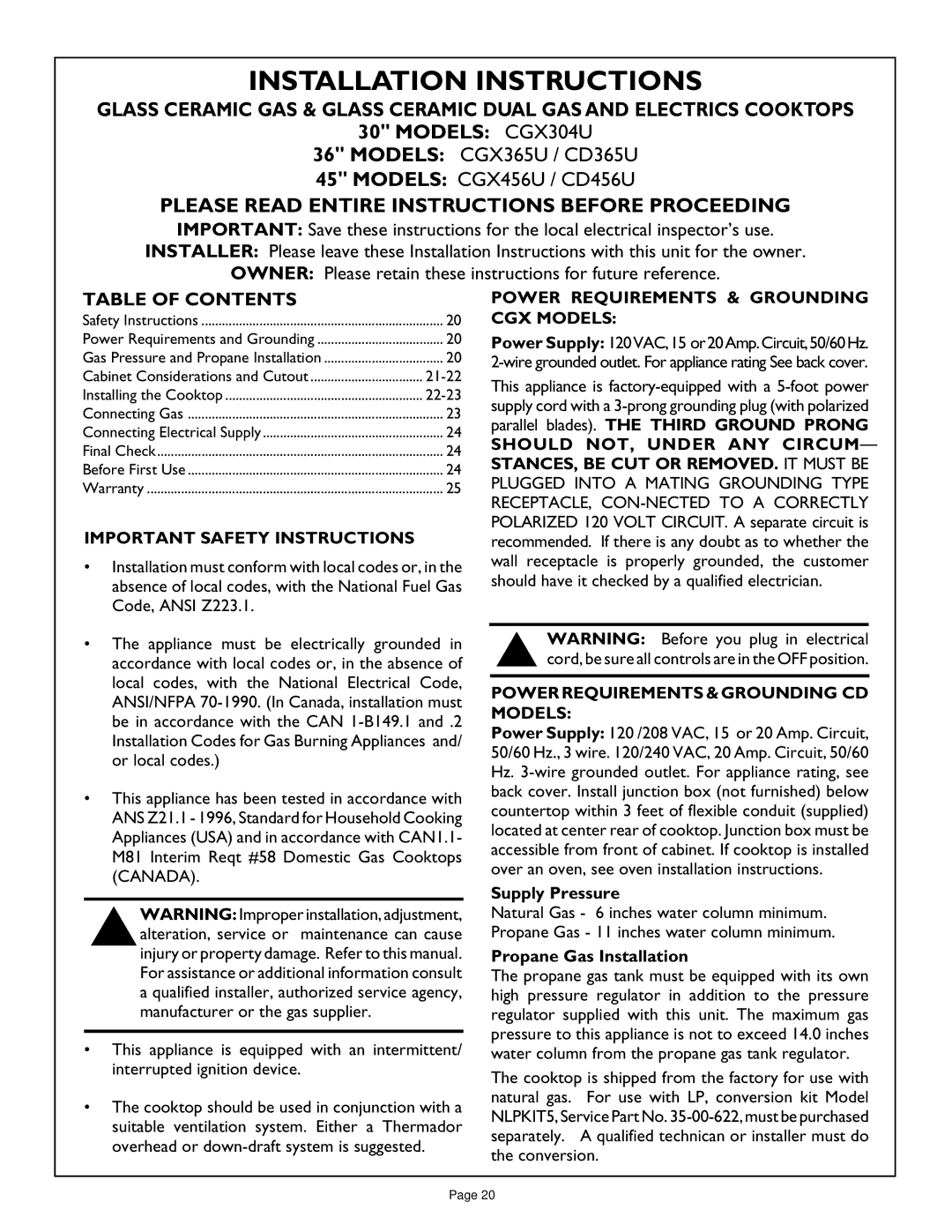 Thermador CGX365, CGX456, CGX304, CD365, CD456 manual Installation Instructions, Table of Contents 