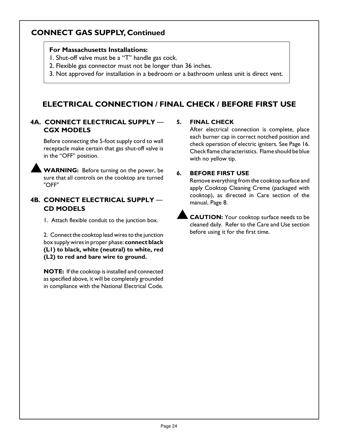 Thermador CGX304, CGX456, CGX365, CD365, CD456 Connect GAS Supply, Electrical Connection / Final Check / Before First USE 