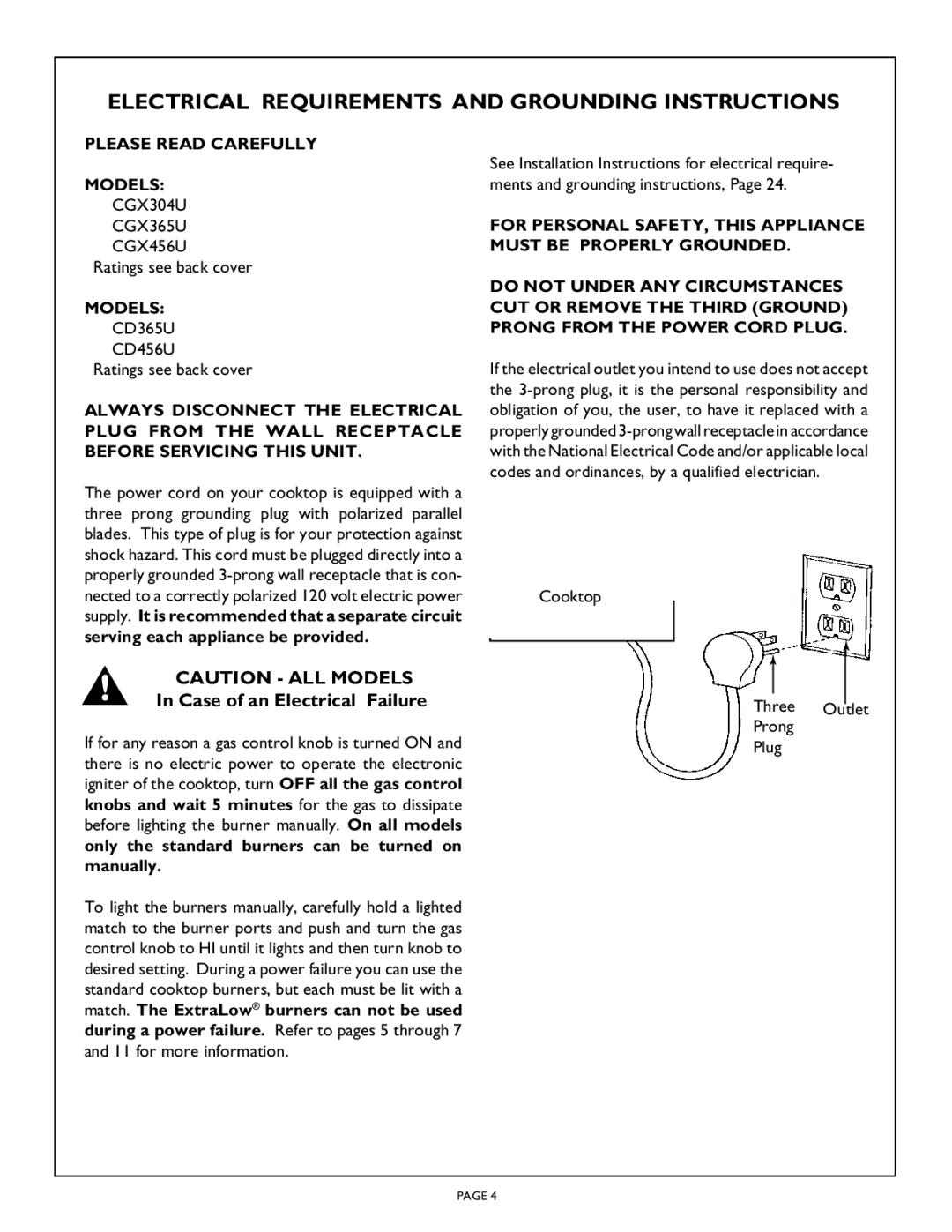 Thermador CGX304, CGX456, CGX365, CD365 Electrical Requirements and Grounding Instructions, Please Read Carefully Models 