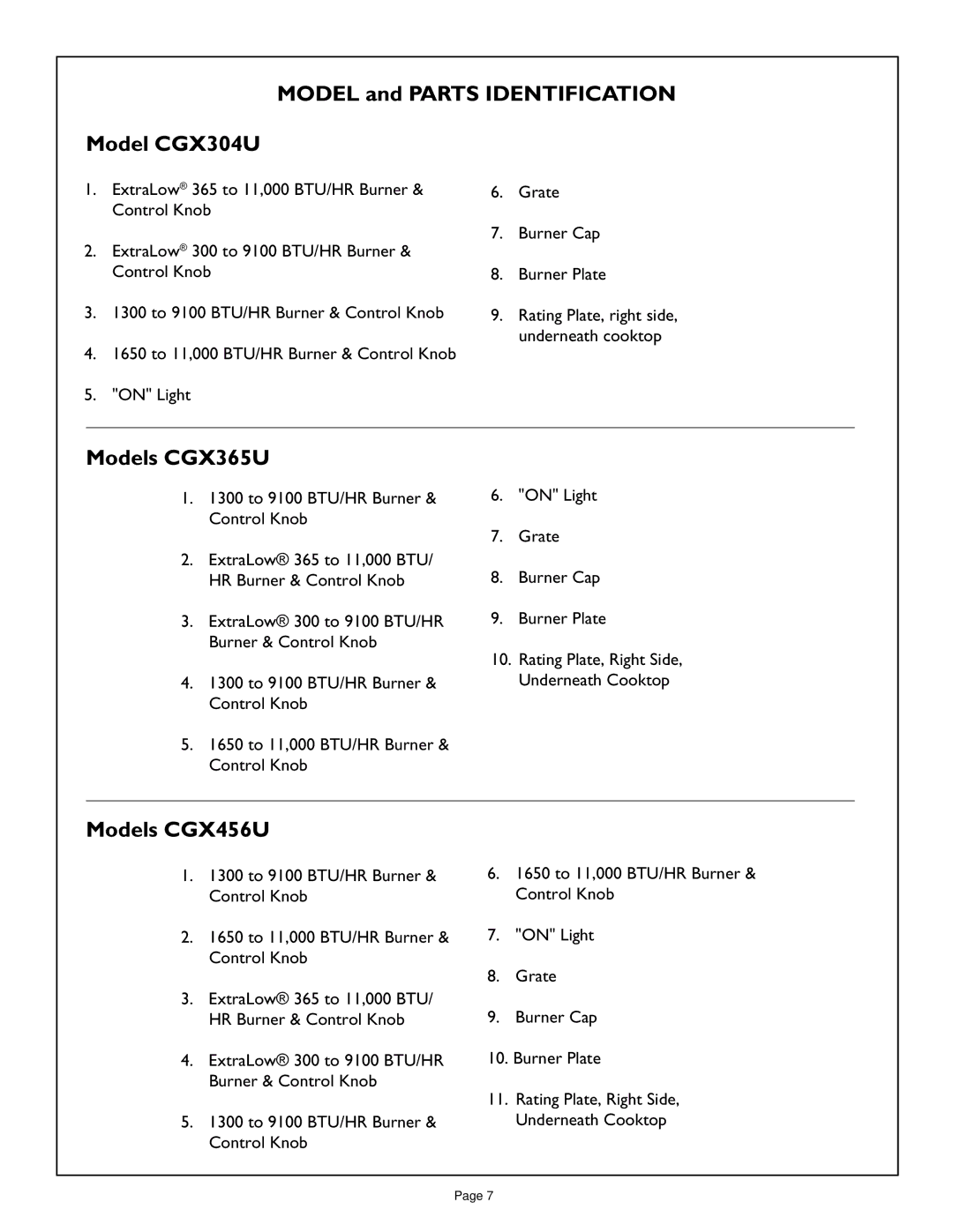 Thermador CD456, CGX456, CGX365, CD365 manual Model and Parts Identification Model CGX304U, On Light 