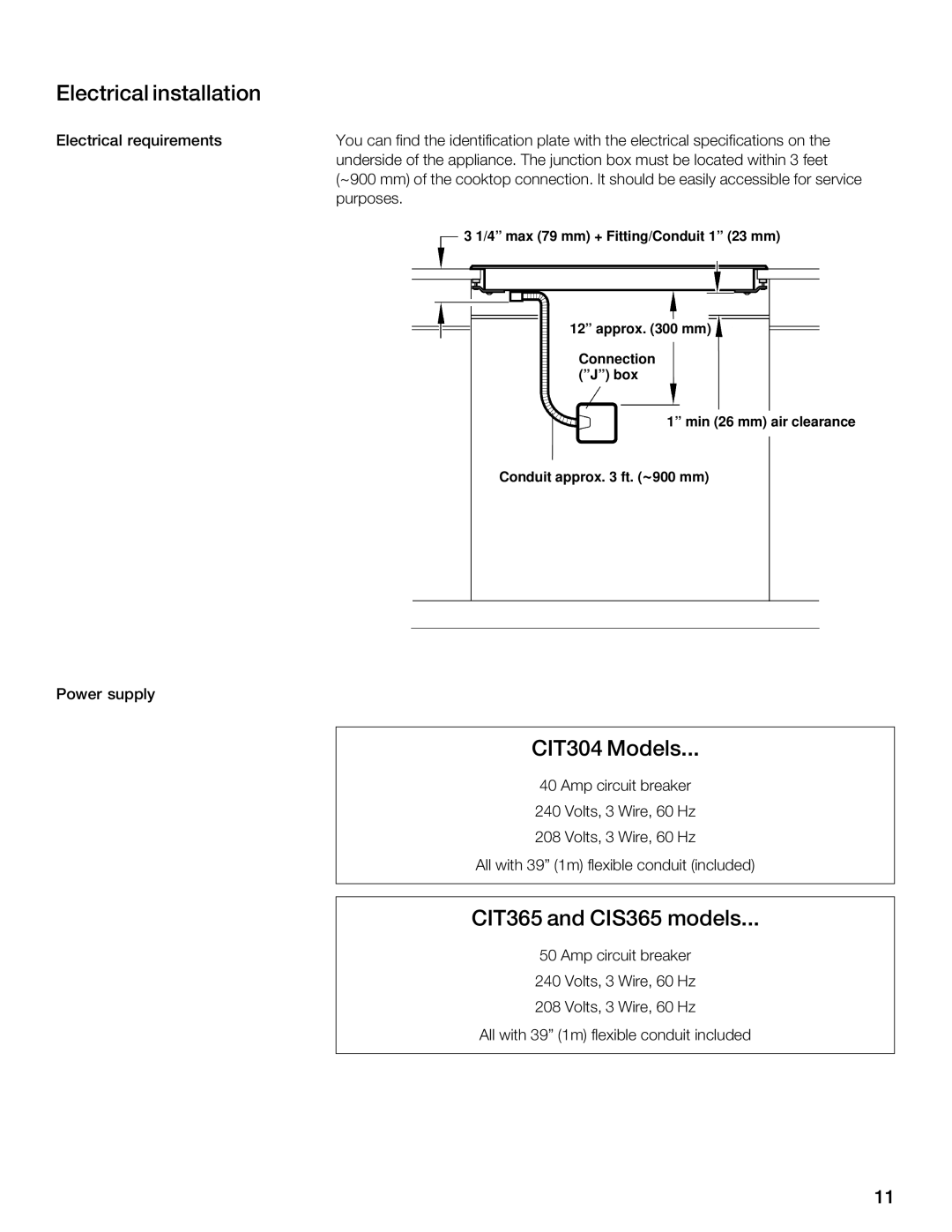 Thermador installation instructions Electrical installation, CIT304 Models, CIT365 and CIS365 models 